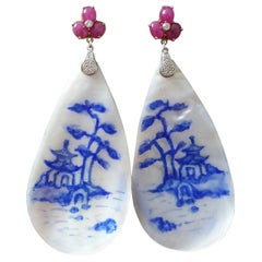 Pendants d'oreilles vintage en or 14 carats avec diamants et cabas en nacre peints à la main