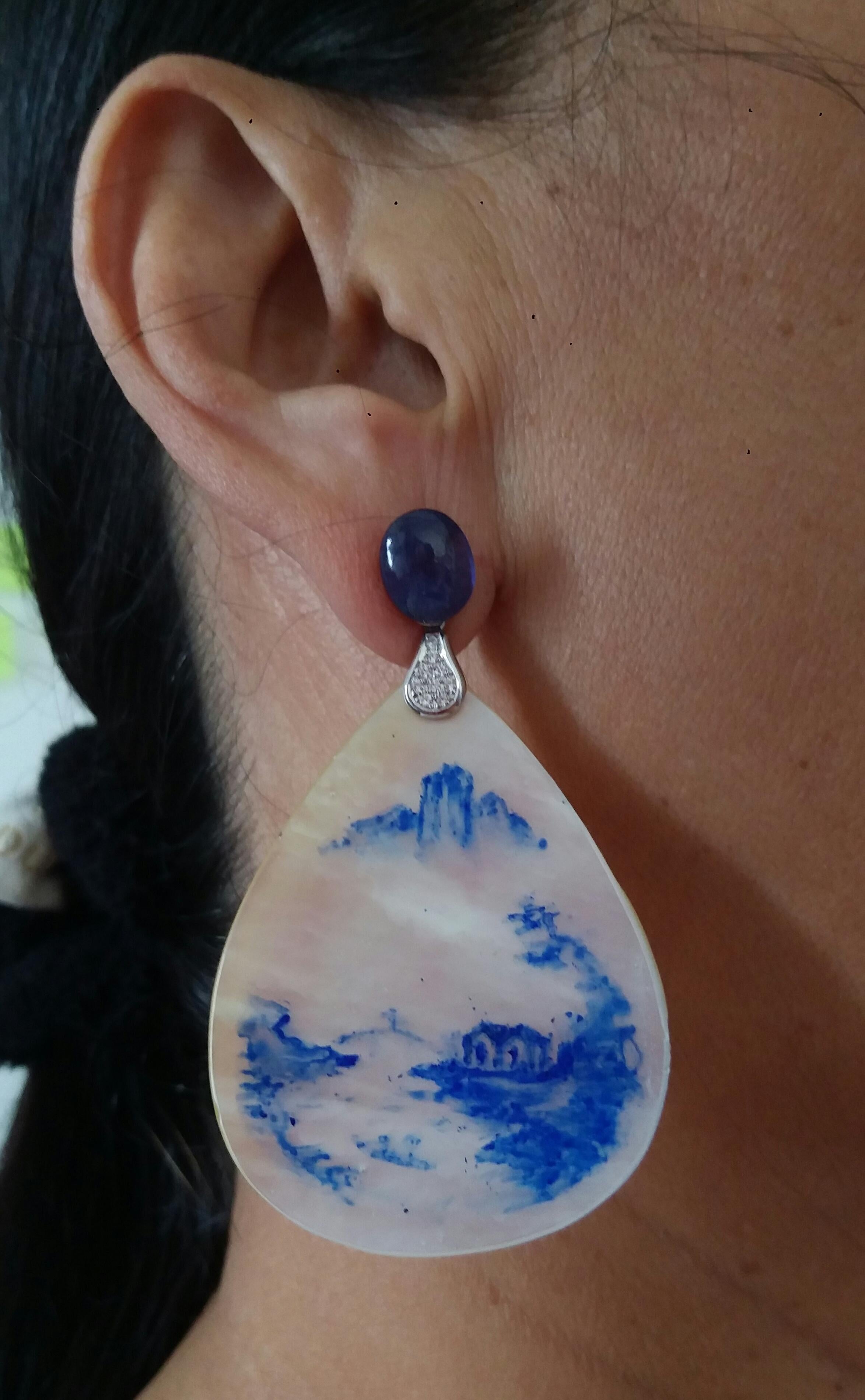 Vintage Hand Painted Mother of Pearl Gold Diamond Blue Sapphire Dangle Earrings For Sale 4