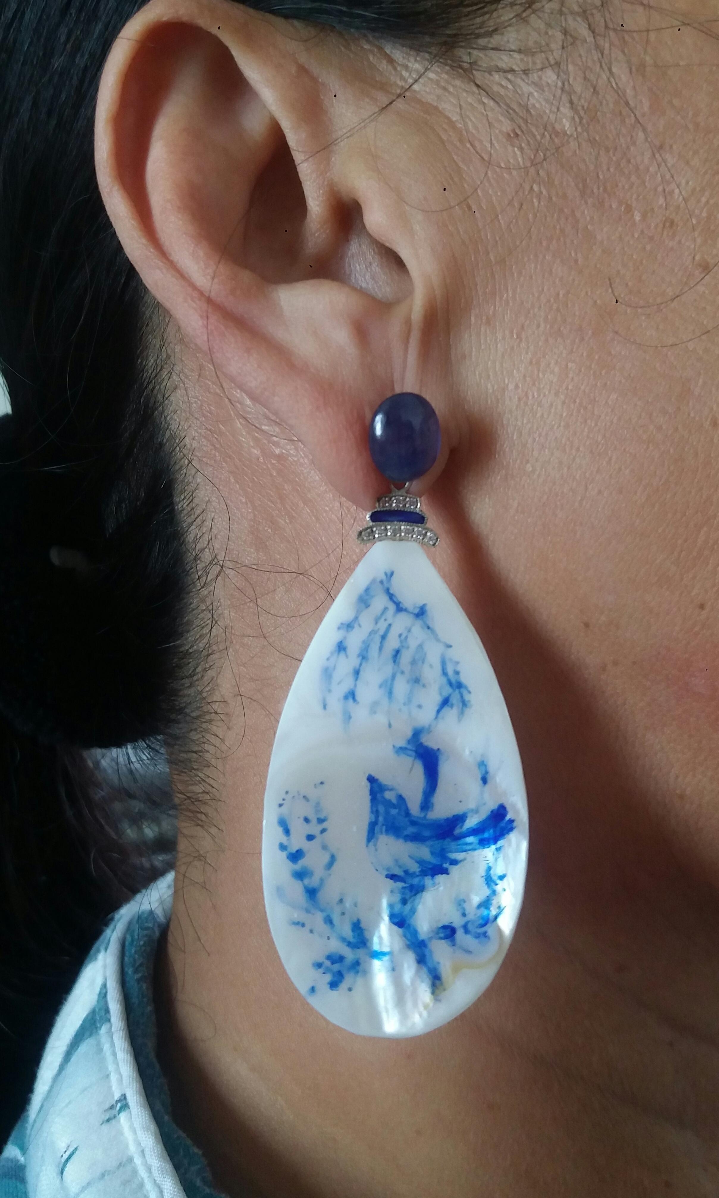 Vintage Hand Painted Mother of Pearl Gold Diamond Blue Sapphire Dangle Earrings For Sale 4