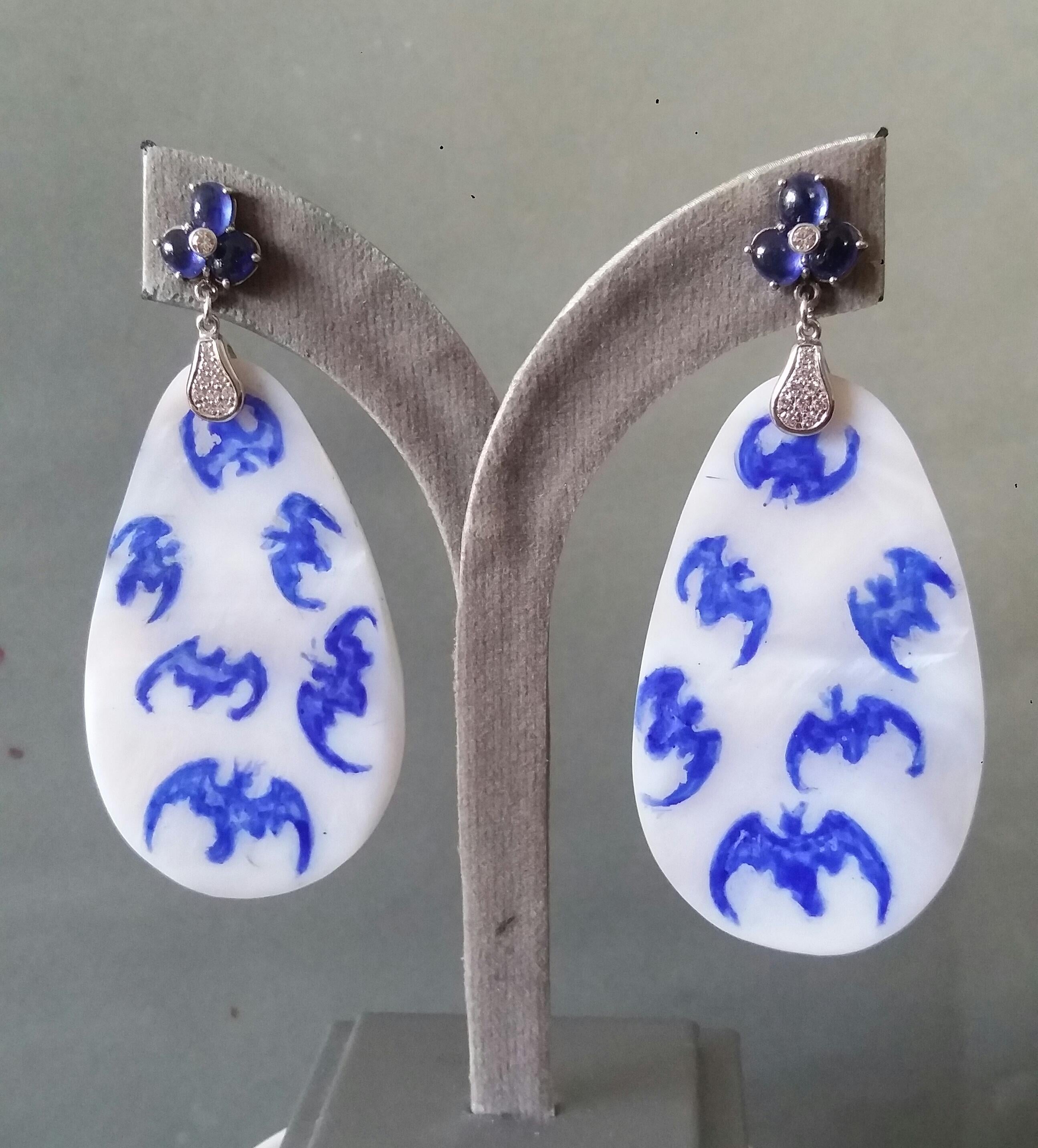 Vintage Hand Painted Mother of Pearl Gold Diamond Blue Sapphire Dangle Earrings For Sale 5