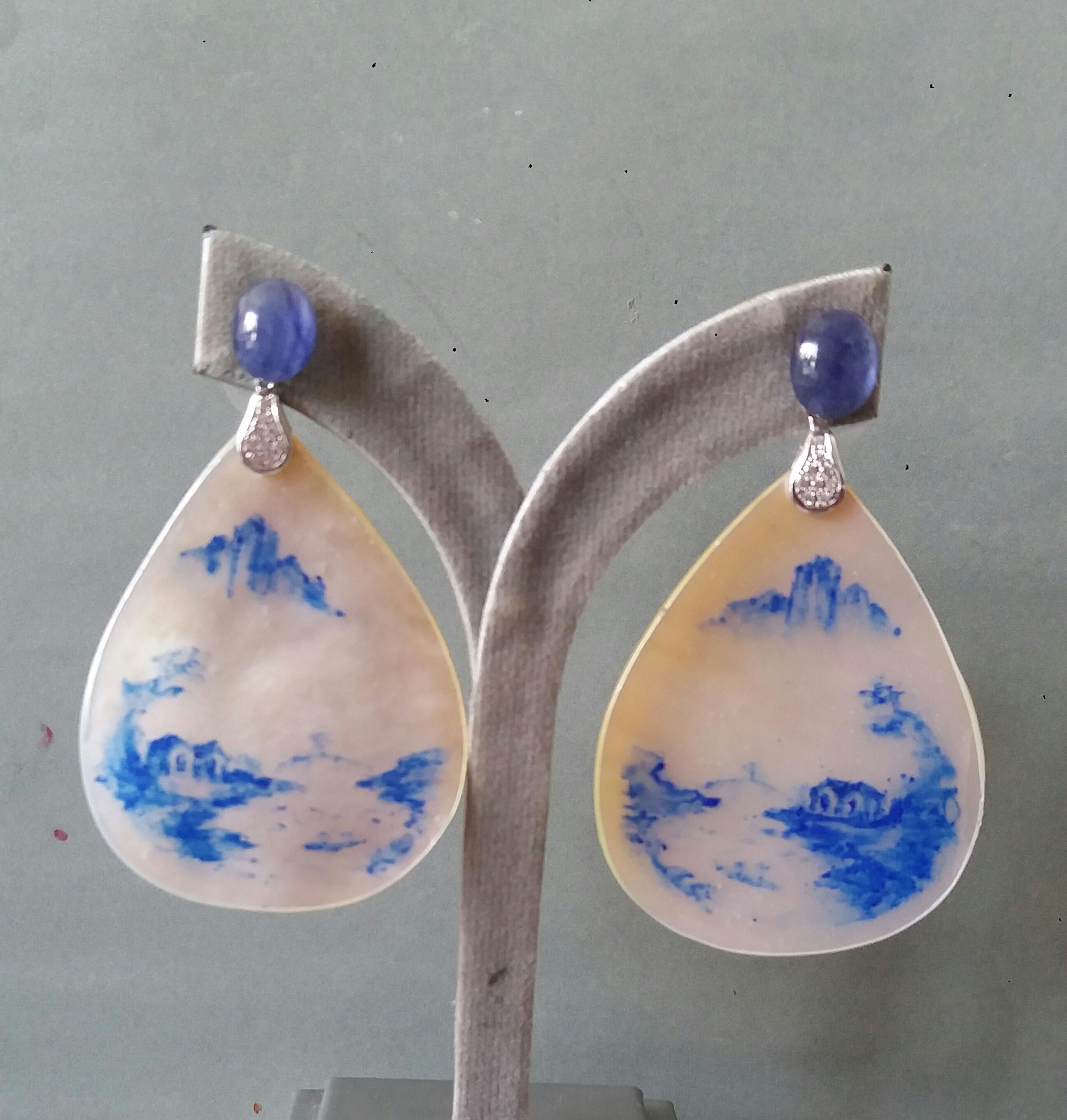 Vintage Hand Painted Mother of Pearl Gold Diamond Blue Sapphire Dangle Earrings For Sale 6