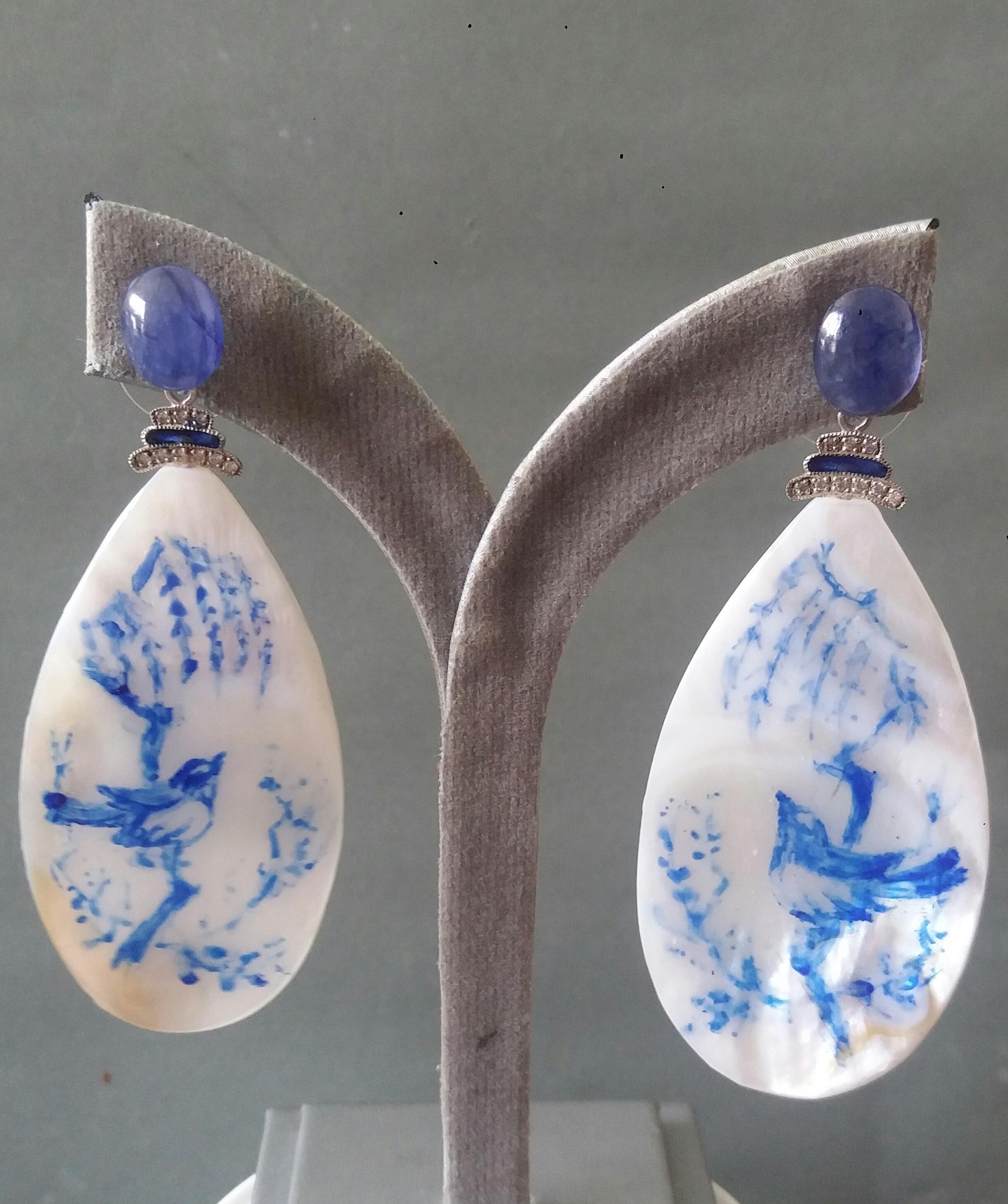 Vintage Hand Painted Mother of Pearl Gold Diamond Blue Sapphire Dangle Earrings For Sale 6