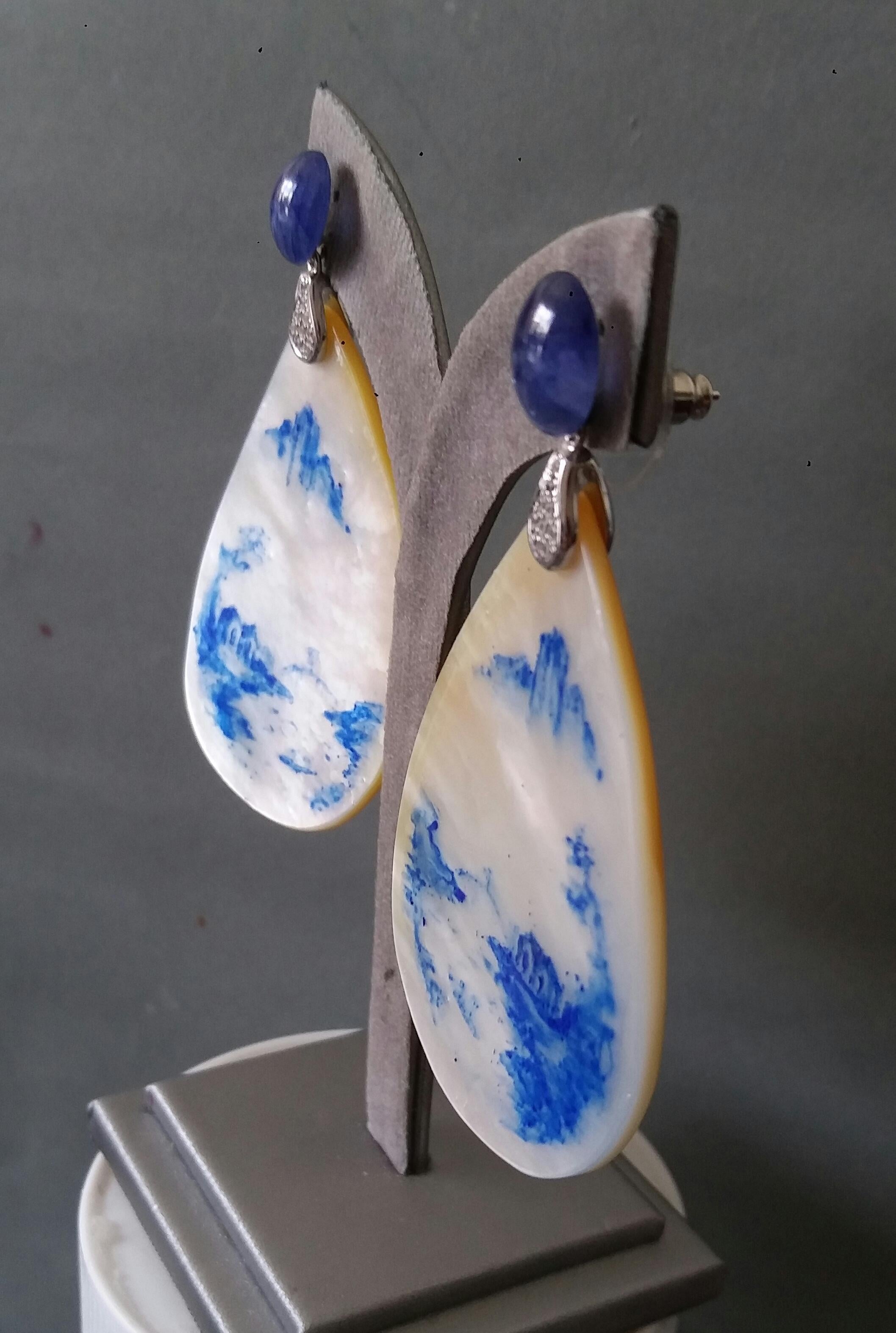 Vintage Hand Painted Mother of Pearl Gold Diamond Blue Sapphire Dangle Earrings For Sale 7