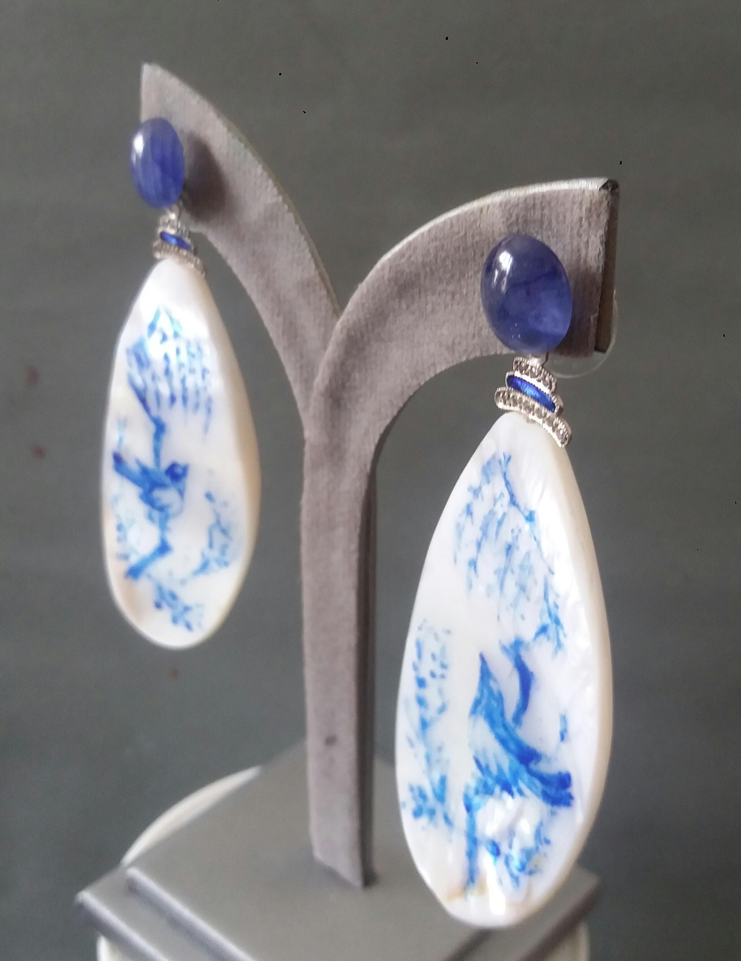 Vintage Hand Painted Mother of Pearl Gold Diamond Blue Sapphire Dangle Earrings For Sale 7
