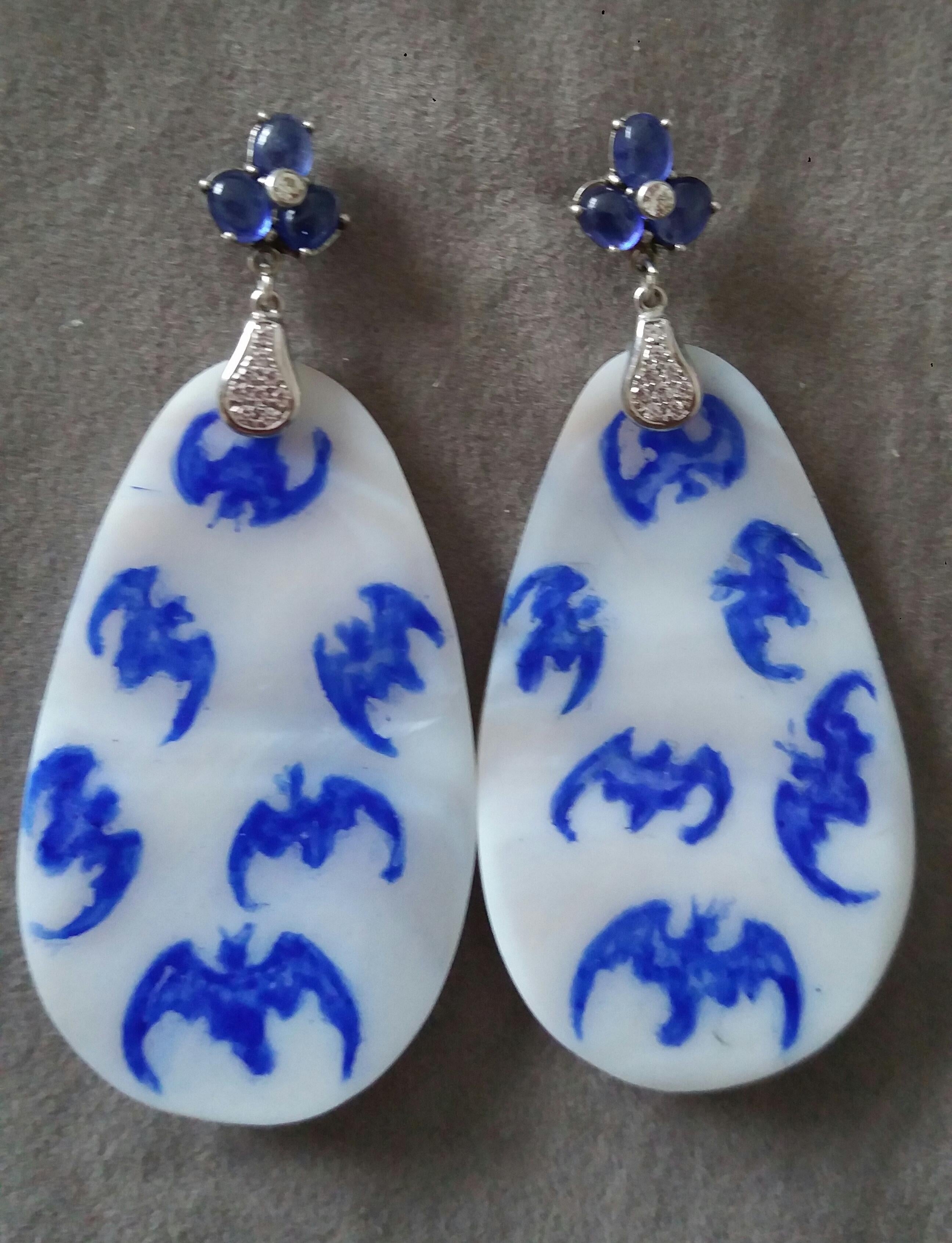 Vintage Hand Painted Mother of Pearl Gold Diamond Blue Sapphire Dangle Earrings For Sale 7