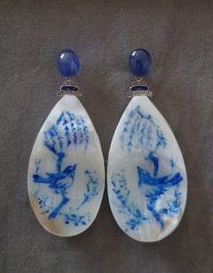 Vintage Hand Painted Mother of Pearl Gold Diamond Blue Sapphire Dangle Earrings