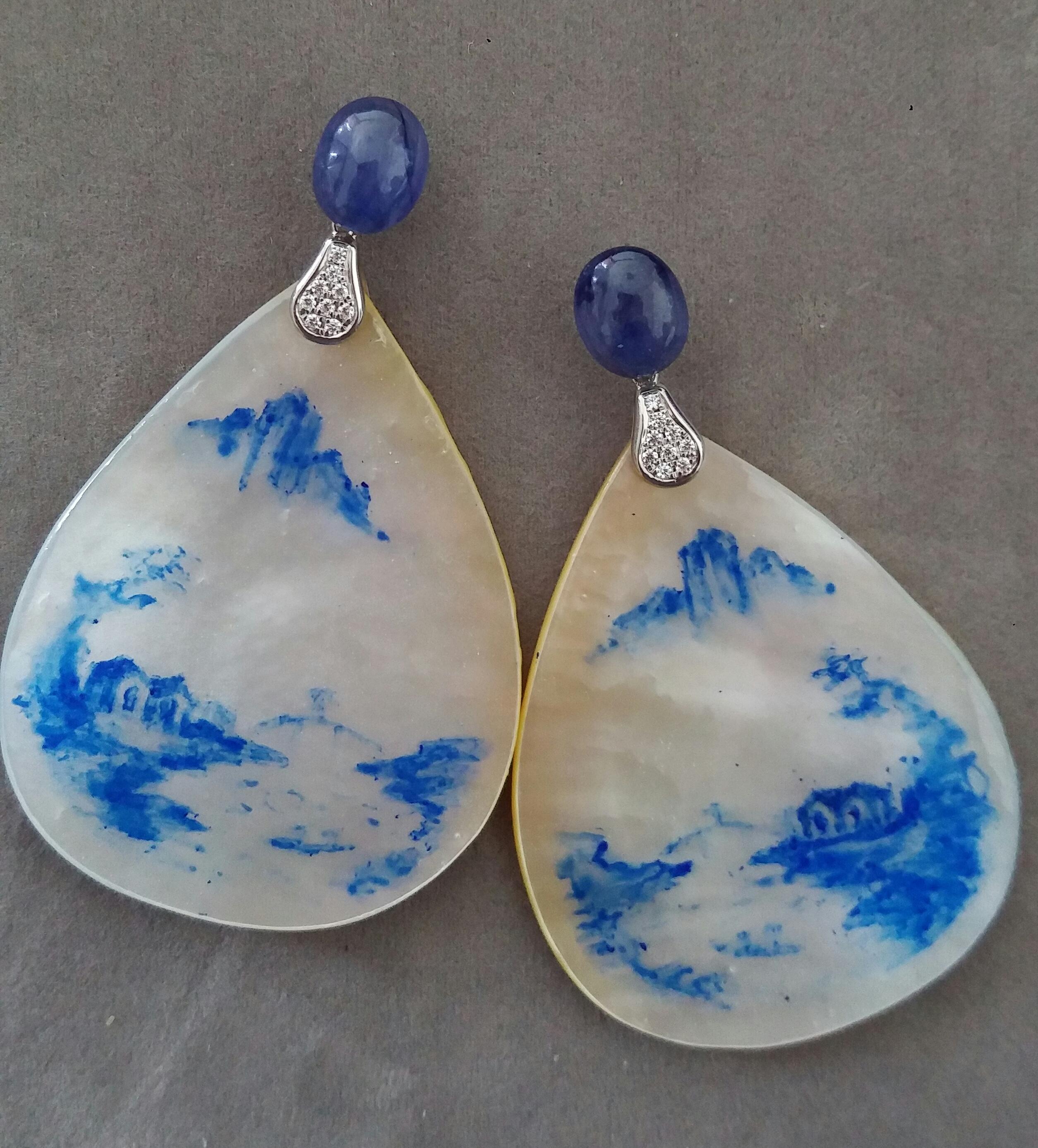 Arts and Crafts Vintage Hand Painted Mother of Pearl Gold Diamond Blue Sapphire Dangle Earrings For Sale
