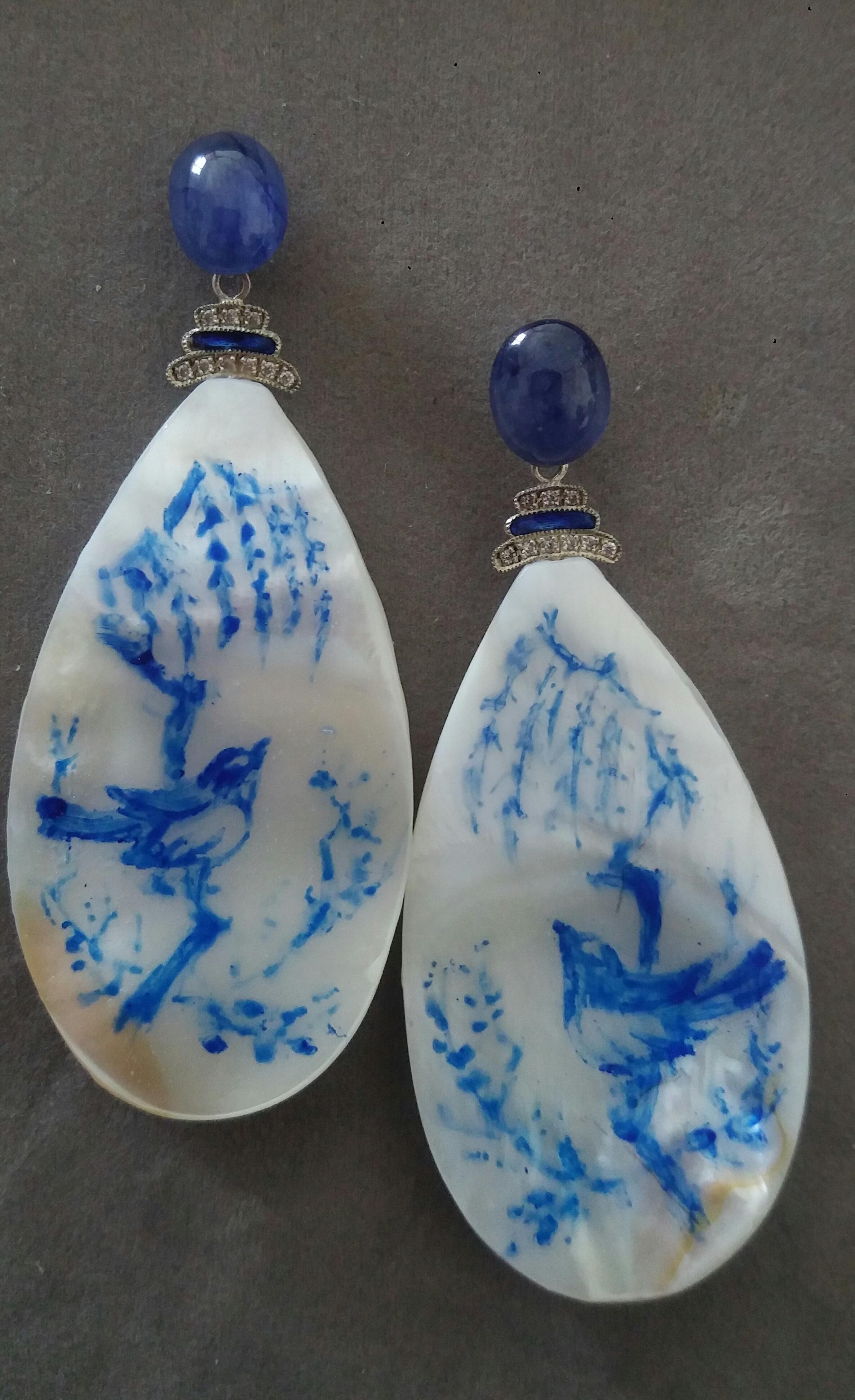 Art Deco Vintage Hand Painted Mother of Pearl Gold Diamond Blue Sapphire Dangle Earrings For Sale