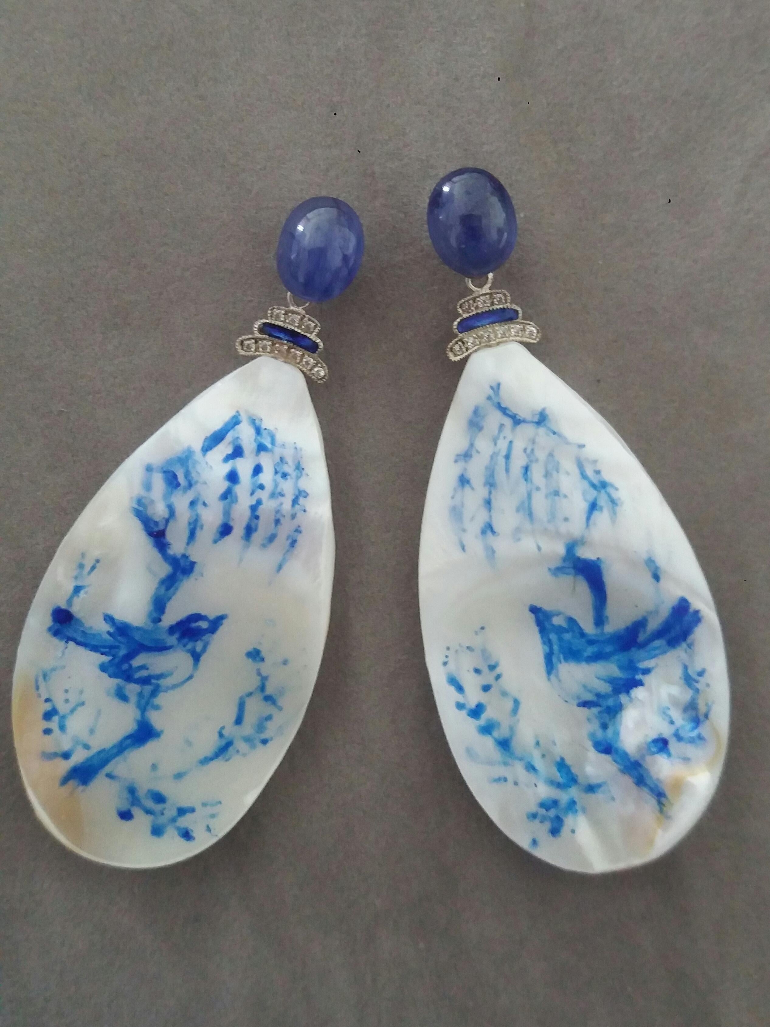 Mixed Cut Vintage Hand Painted Mother of Pearl Gold Diamond Blue Sapphire Dangle Earrings For Sale