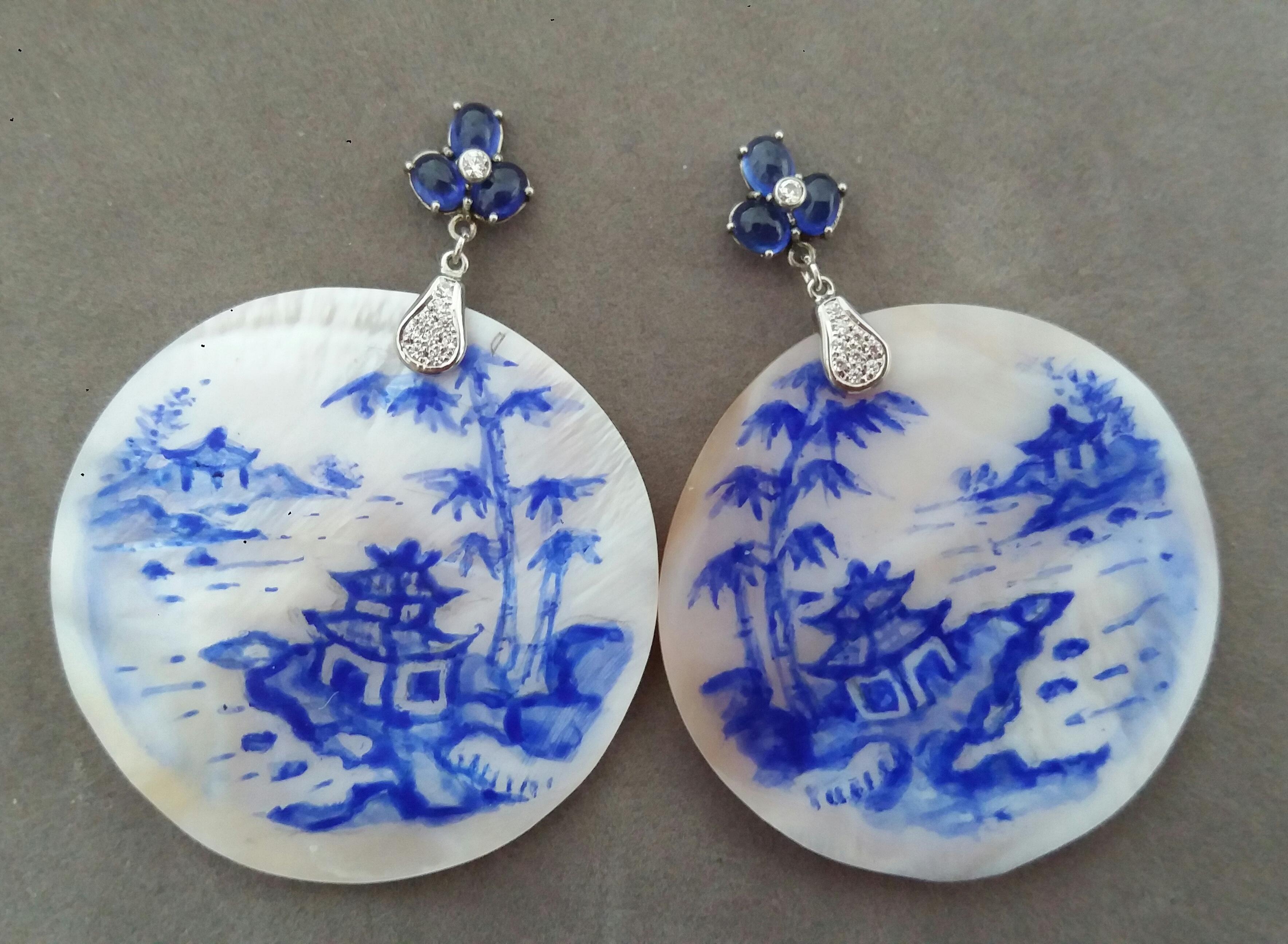 Arts and Crafts Vintage Hand Painted Mother of Pearl Gold Diamond Blue Sapphire Dangle Earrings For Sale