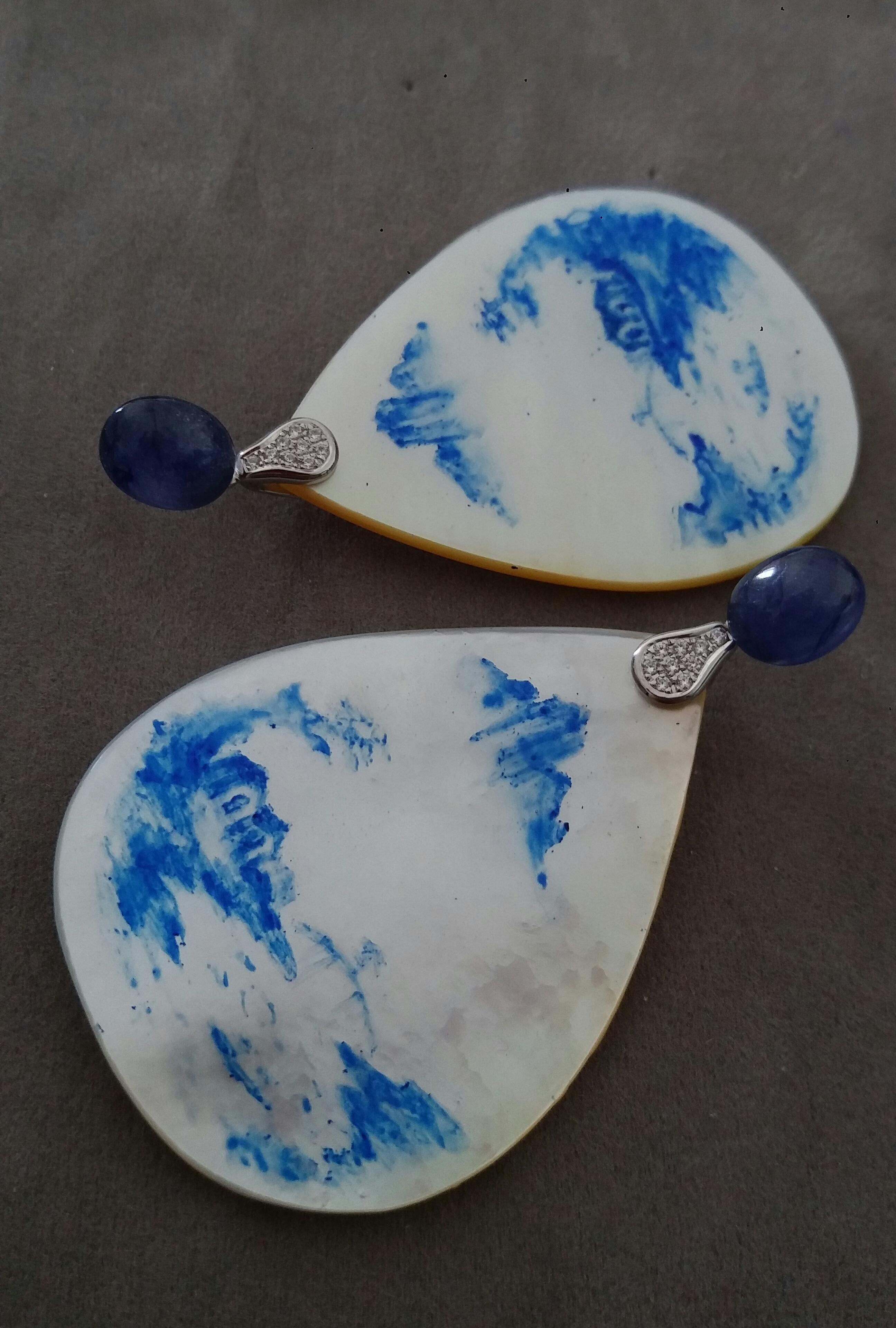 Vintage Hand Painted Mother of Pearl Gold Diamond Blue Sapphire Dangle Earrings In Excellent Condition For Sale In Bangkok, TH