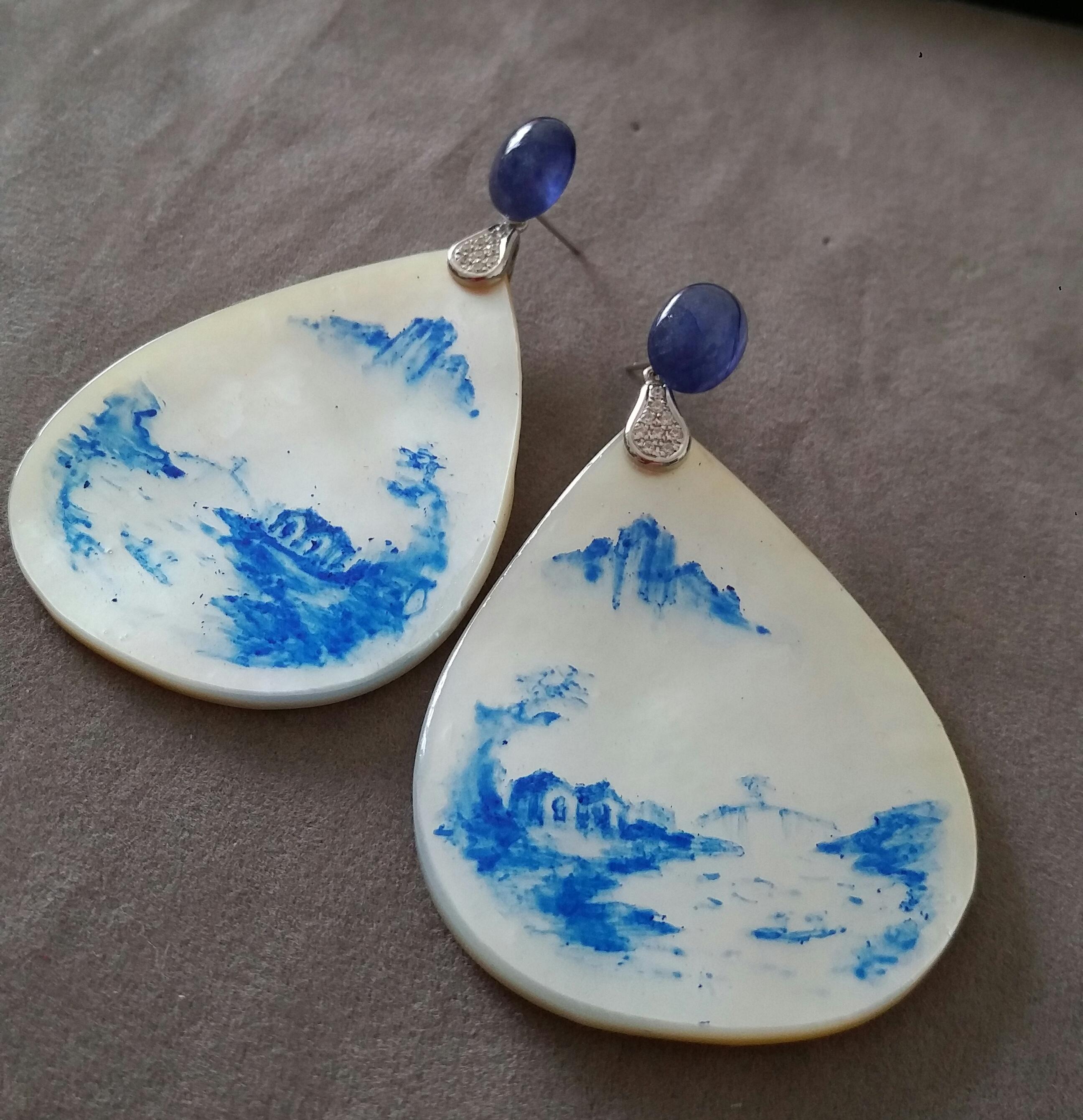 Women's Vintage Hand Painted Mother of Pearl Gold Diamond Blue Sapphire Dangle Earrings For Sale