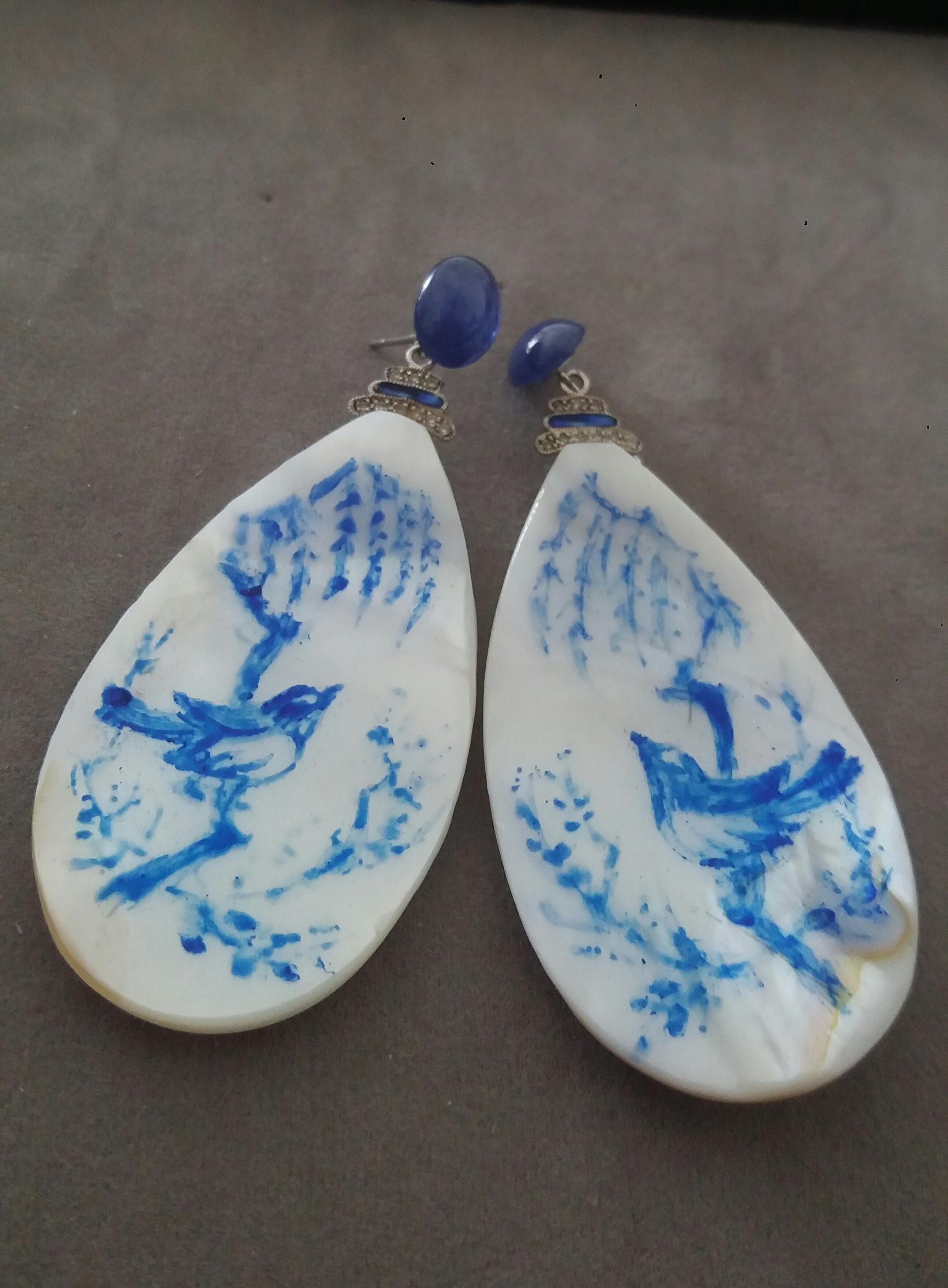 Women's Vintage Hand Painted Mother of Pearl Gold Diamond Blue Sapphire Dangle Earrings For Sale