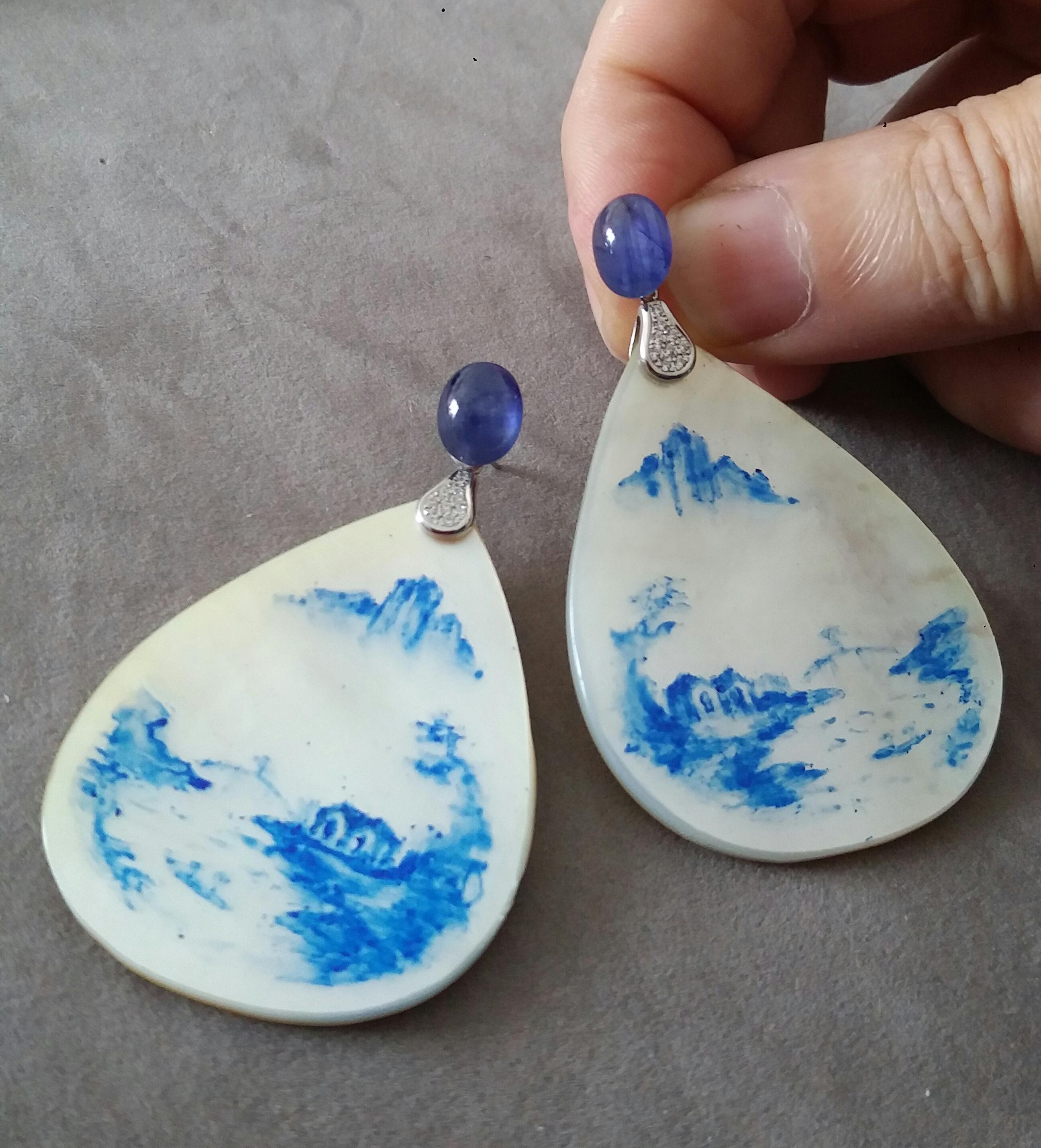 Vintage Hand Painted Mother of Pearl Gold Diamond Blue Sapphire Dangle Earrings For Sale 1