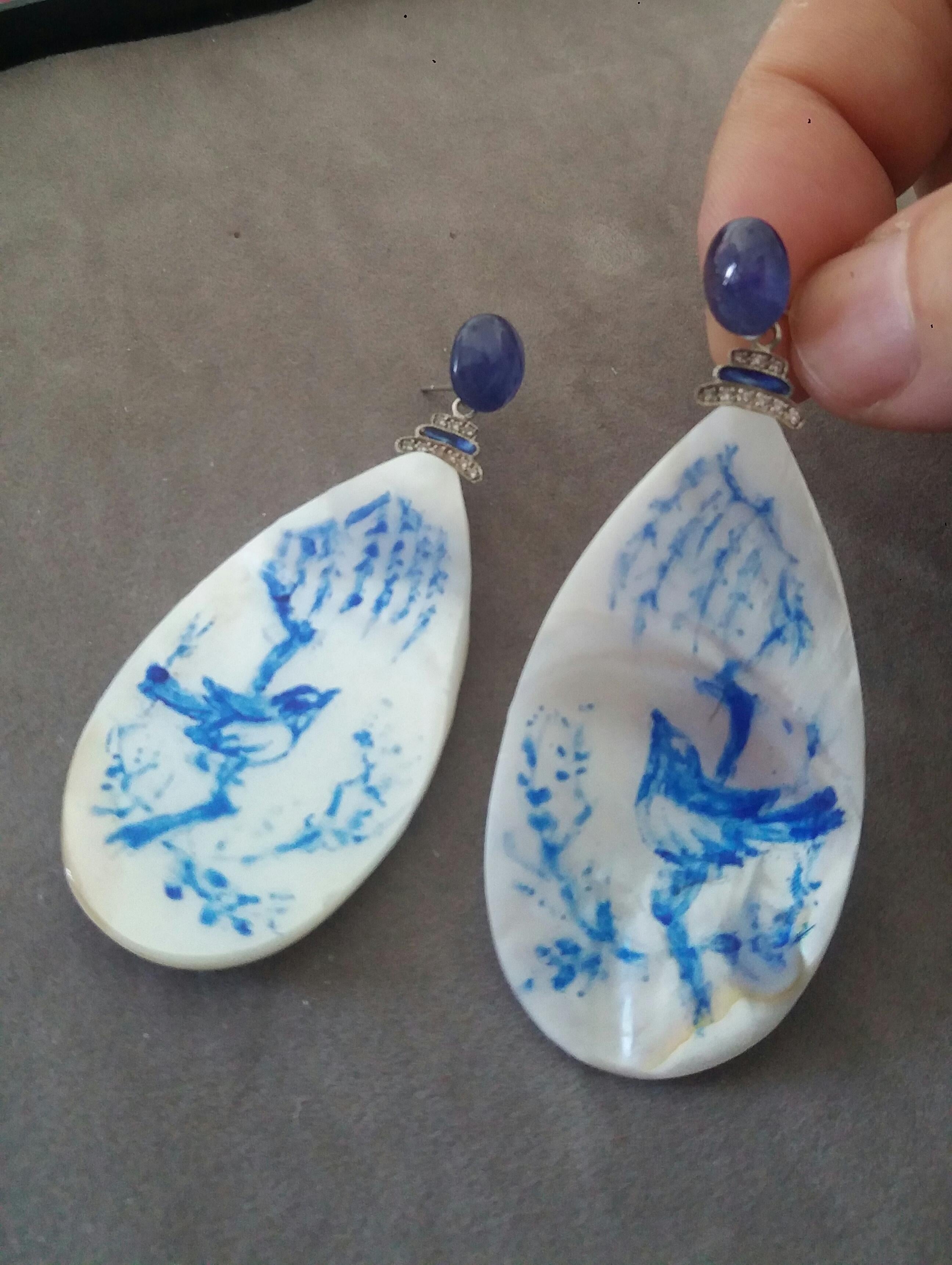 Vintage Hand Painted Mother of Pearl Gold Diamond Blue Sapphire Dangle Earrings For Sale 1