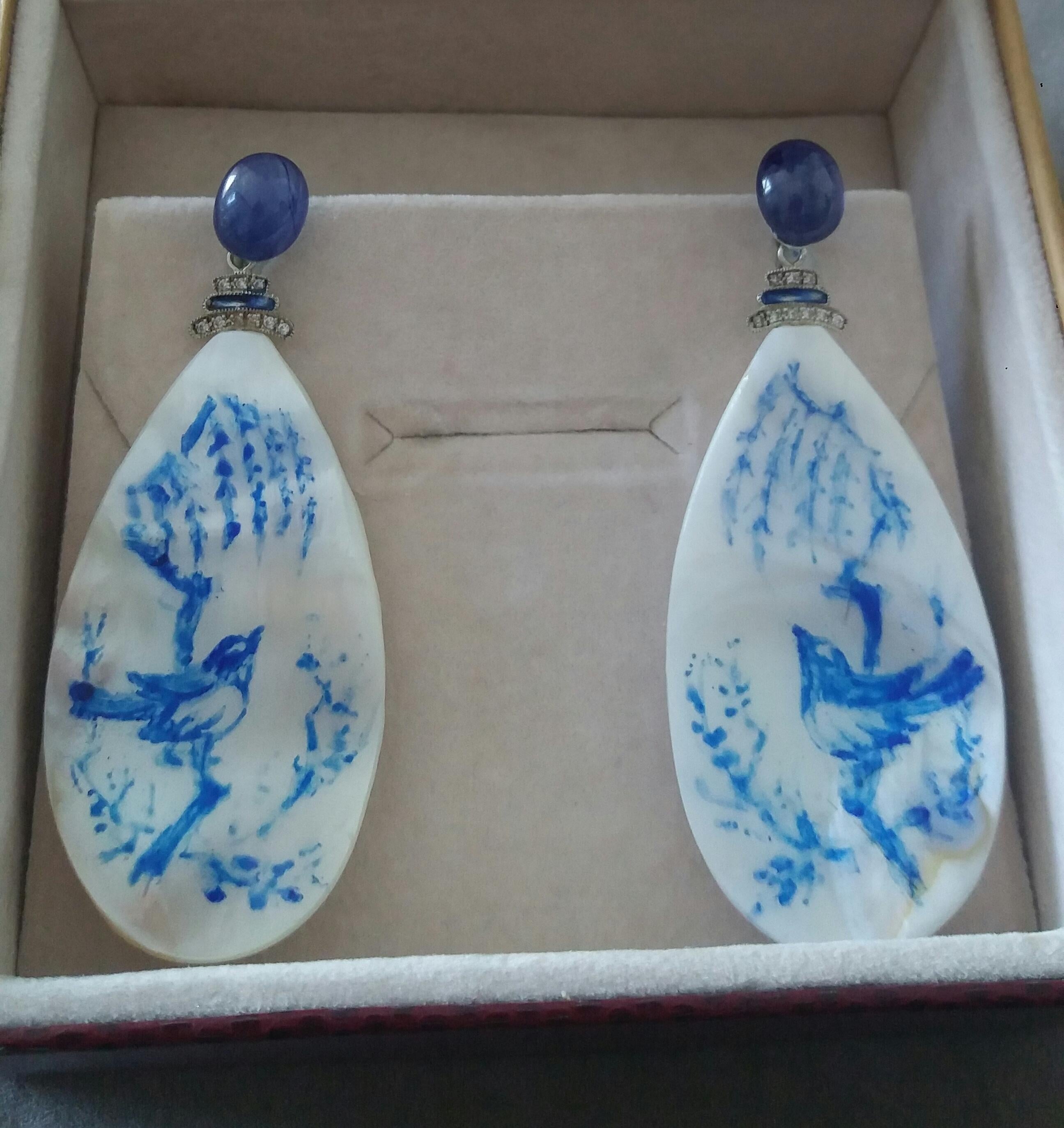Vintage Hand Painted Mother of Pearl Gold Diamond Blue Sapphire Dangle Earrings For Sale 2