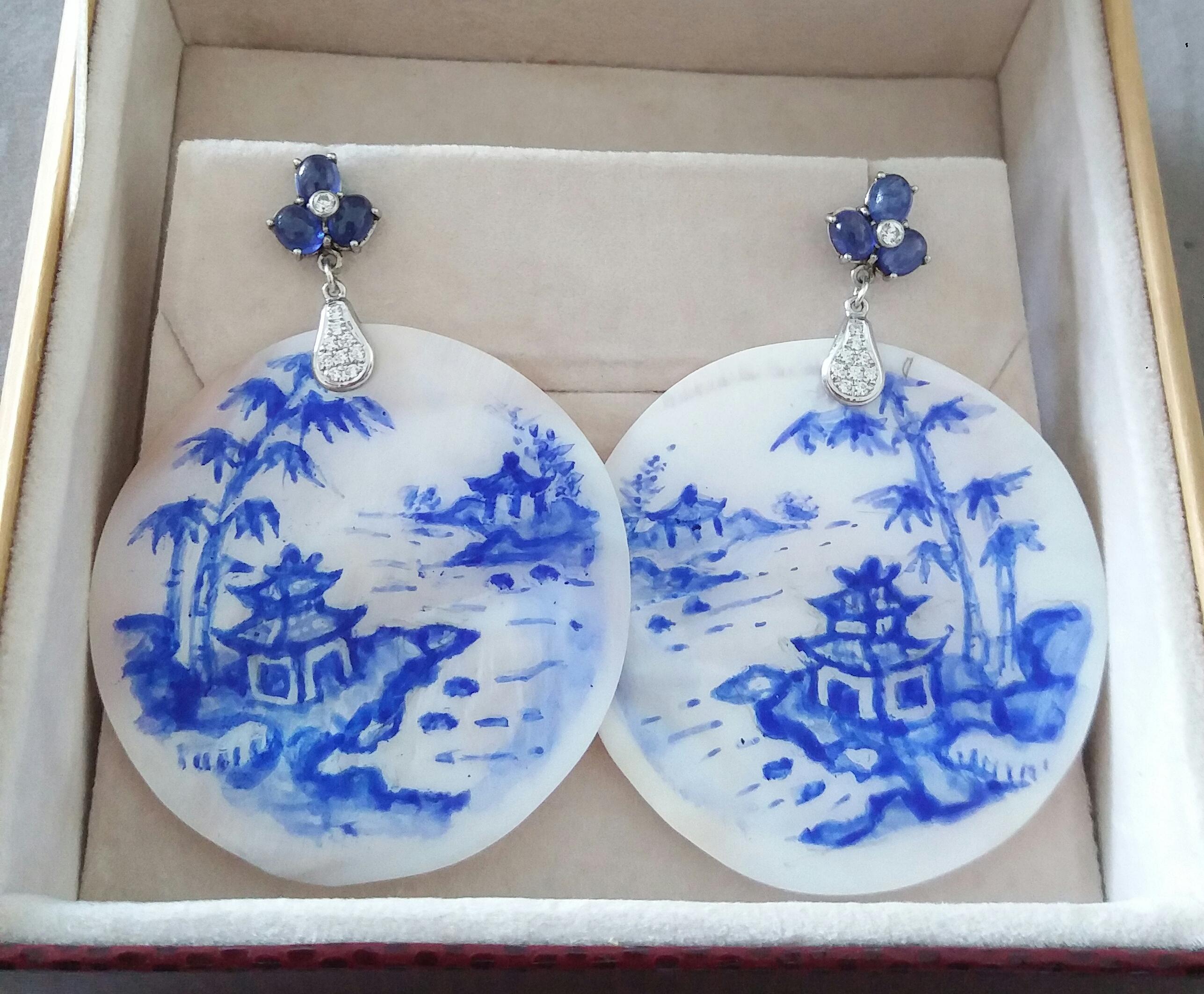 Vintage Hand Painted Mother of Pearl Gold Diamond Blue Sapphire Dangle Earrings For Sale 1
