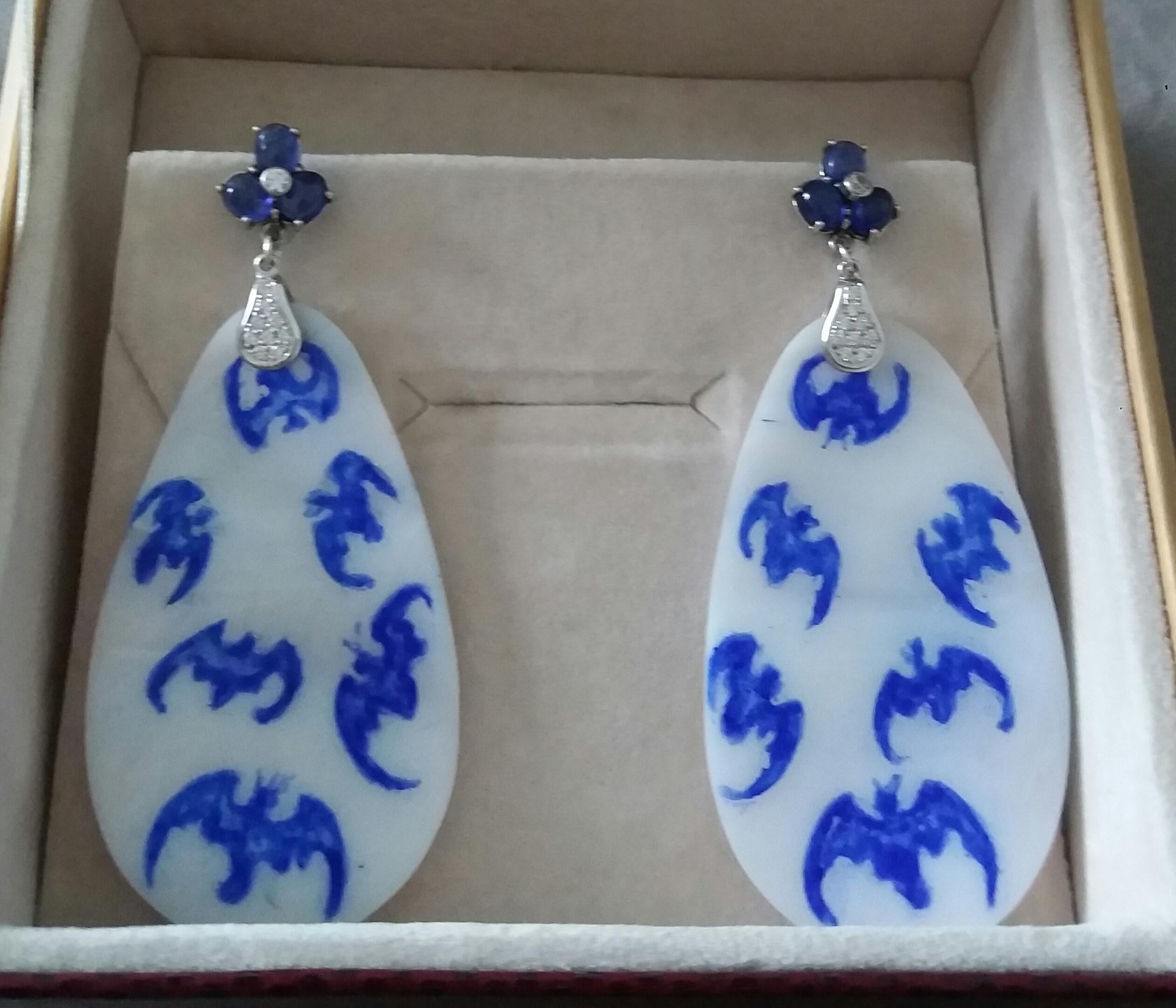 Vintage Hand Painted Mother of Pearl Gold Diamond Blue Sapphire Dangle Earrings For Sale 2