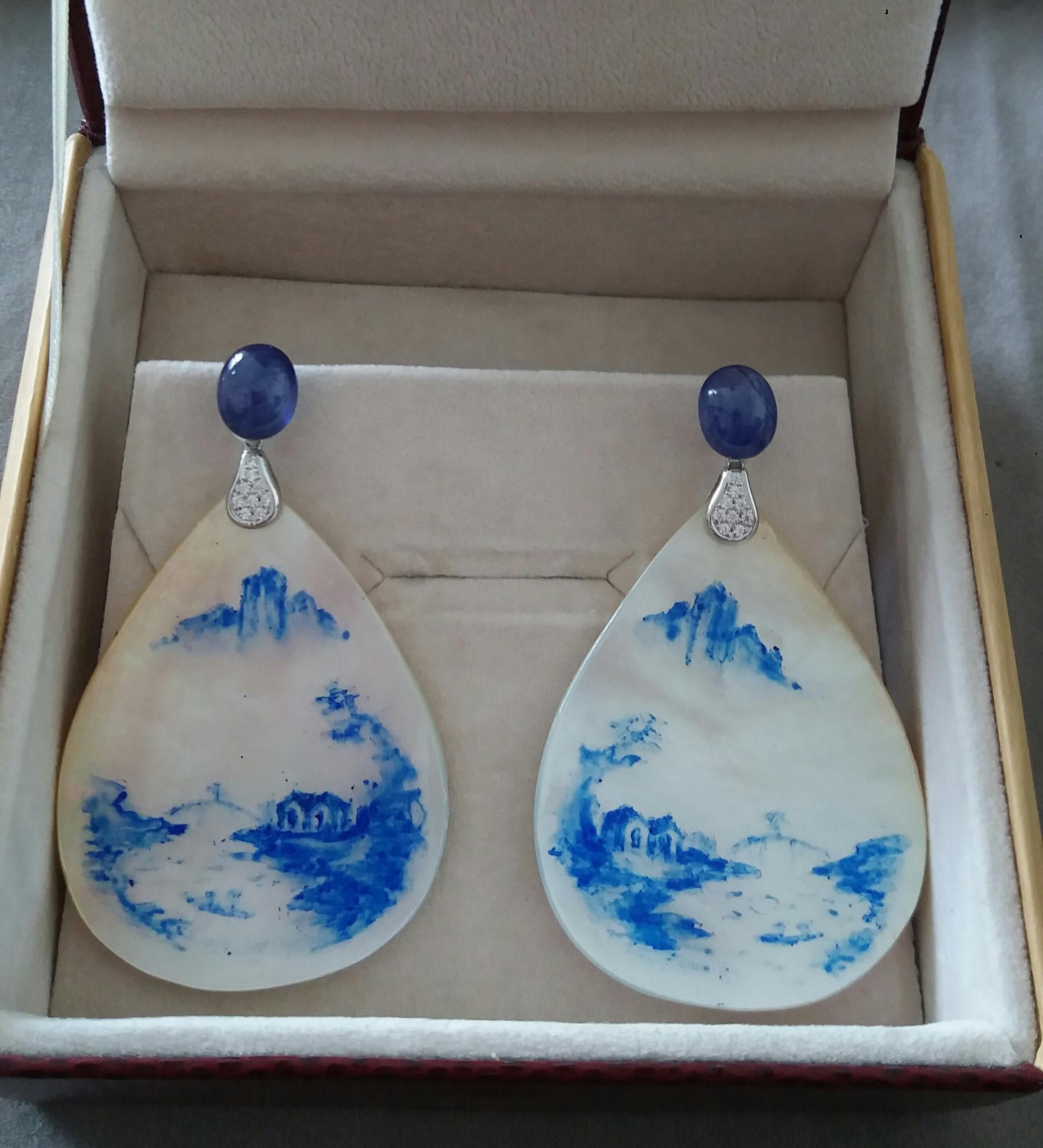 Vintage Hand Painted Mother of Pearl Gold Diamond Blue Sapphire Dangle Earrings For Sale 3