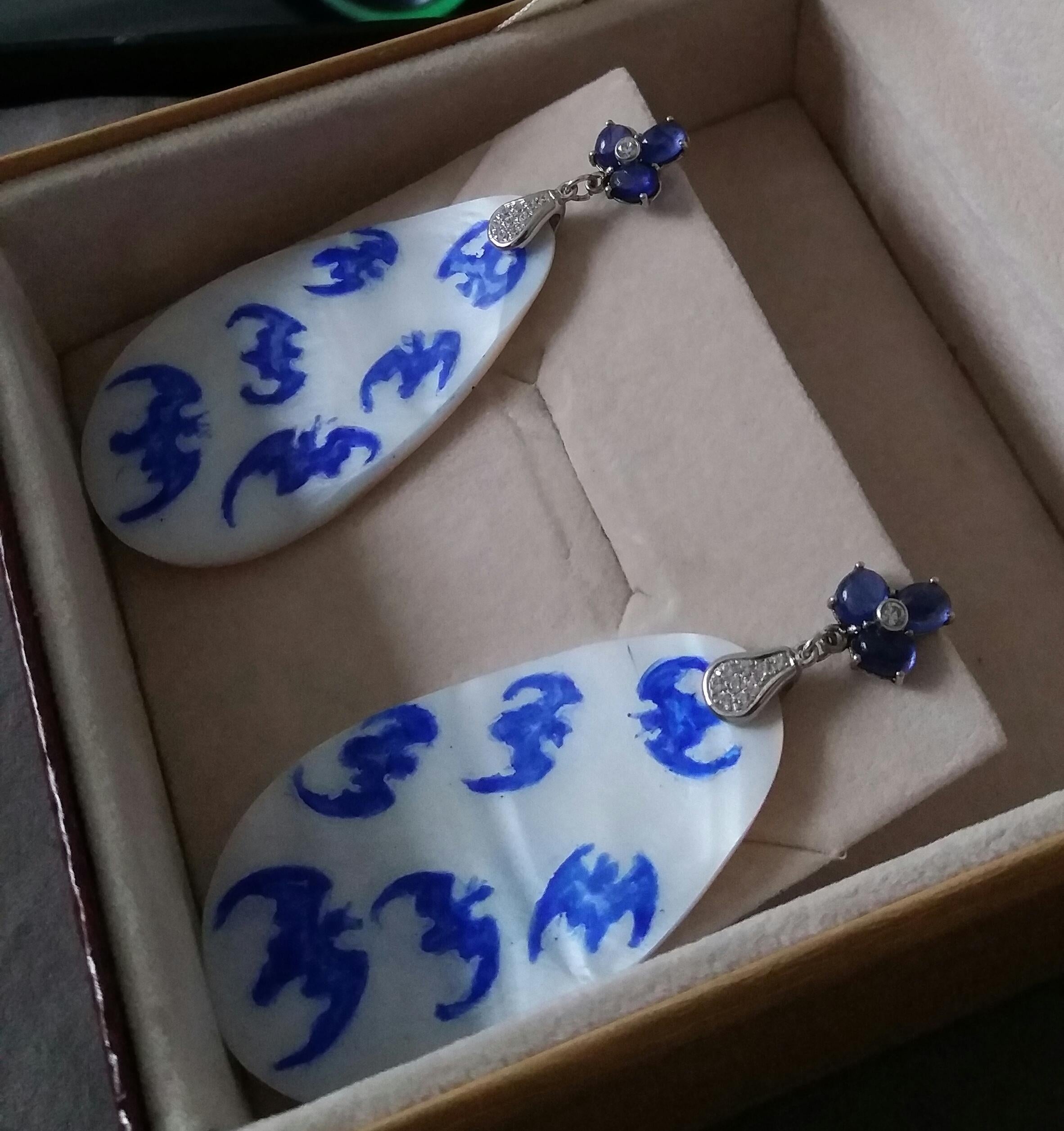 Vintage Hand Painted Mother of Pearl Gold Diamond Blue Sapphire Dangle Earrings For Sale 3
