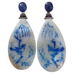 Vintage Hand Painted Mother of Pearl Gold Diamond Blue Sapphire Dangle Earrings