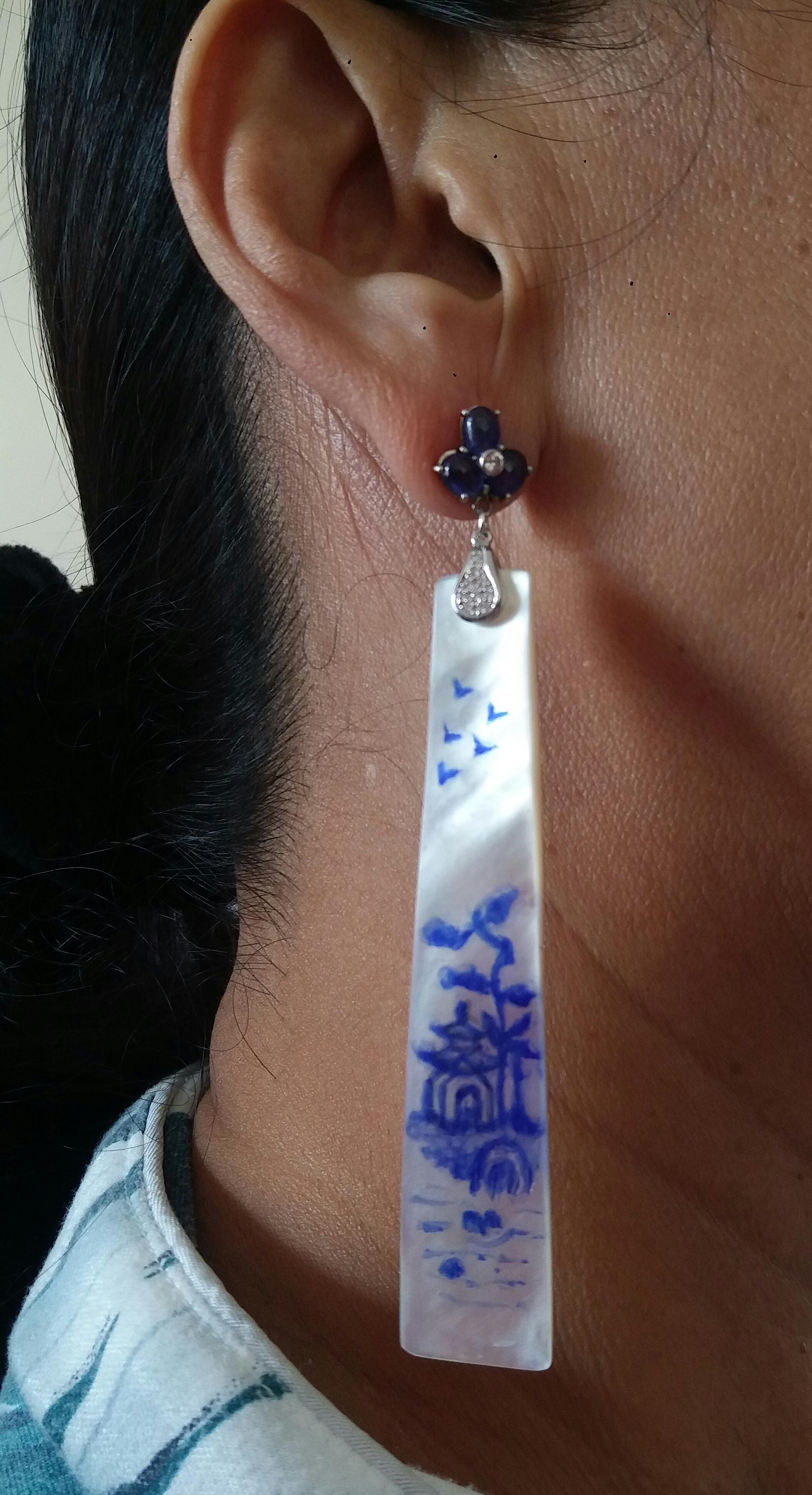 Vintage Hand Painted Mother of Pearl Gold Diamond Blue Sapphires Dangle Earrings For Sale 2