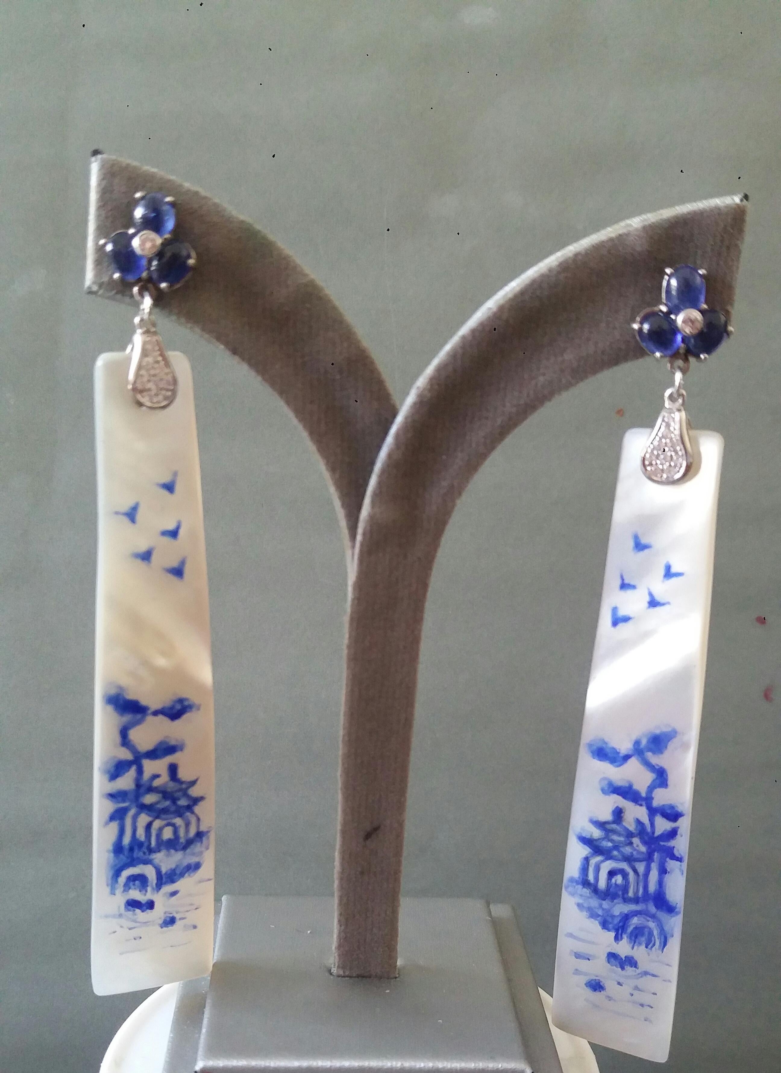 Vintage Hand Painted Mother of Pearl Gold Diamond Blue Sapphires Dangle Earrings For Sale 3