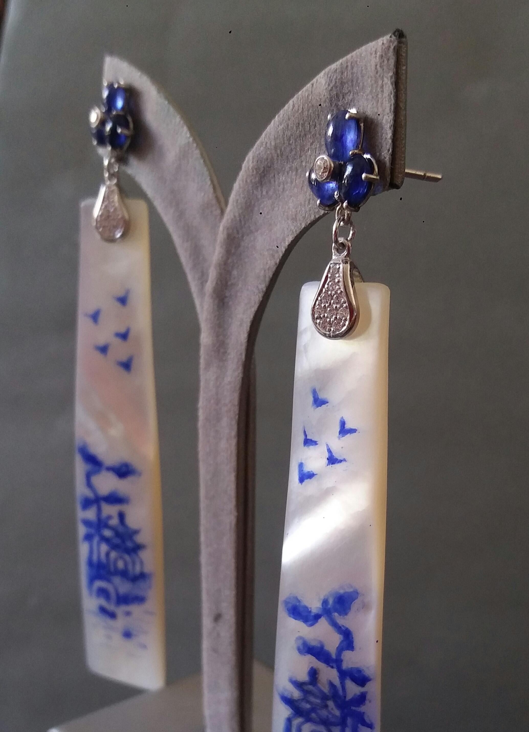 Vintage Hand Painted Mother of Pearl Gold Diamond Blue Sapphires Dangle Earrings For Sale 4