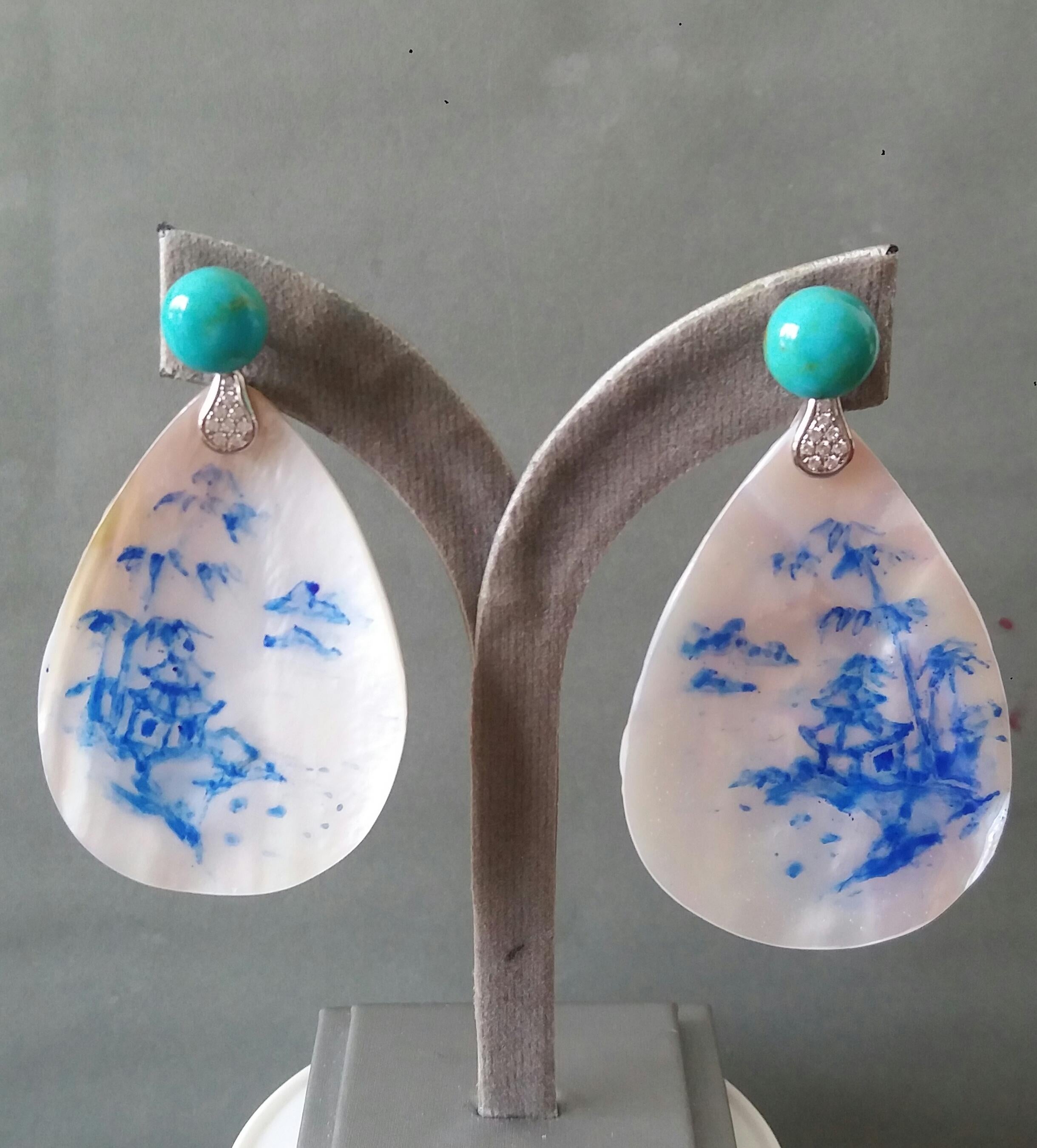 Vintage Hand Painted Mother of Pearl Gold Diamond Turquoise Dangle Earrings For Sale 3