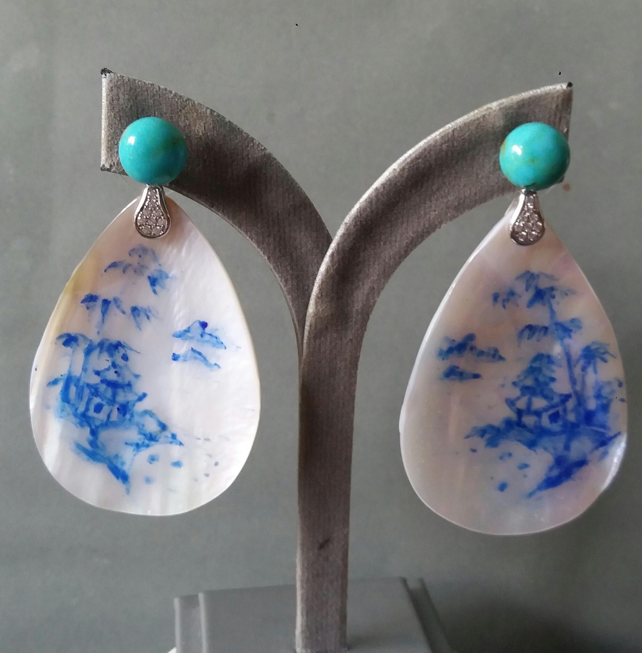 Vintage Hand Painted Mother of Pearl Gold Diamond Turquoise Dangle Earrings For Sale 4