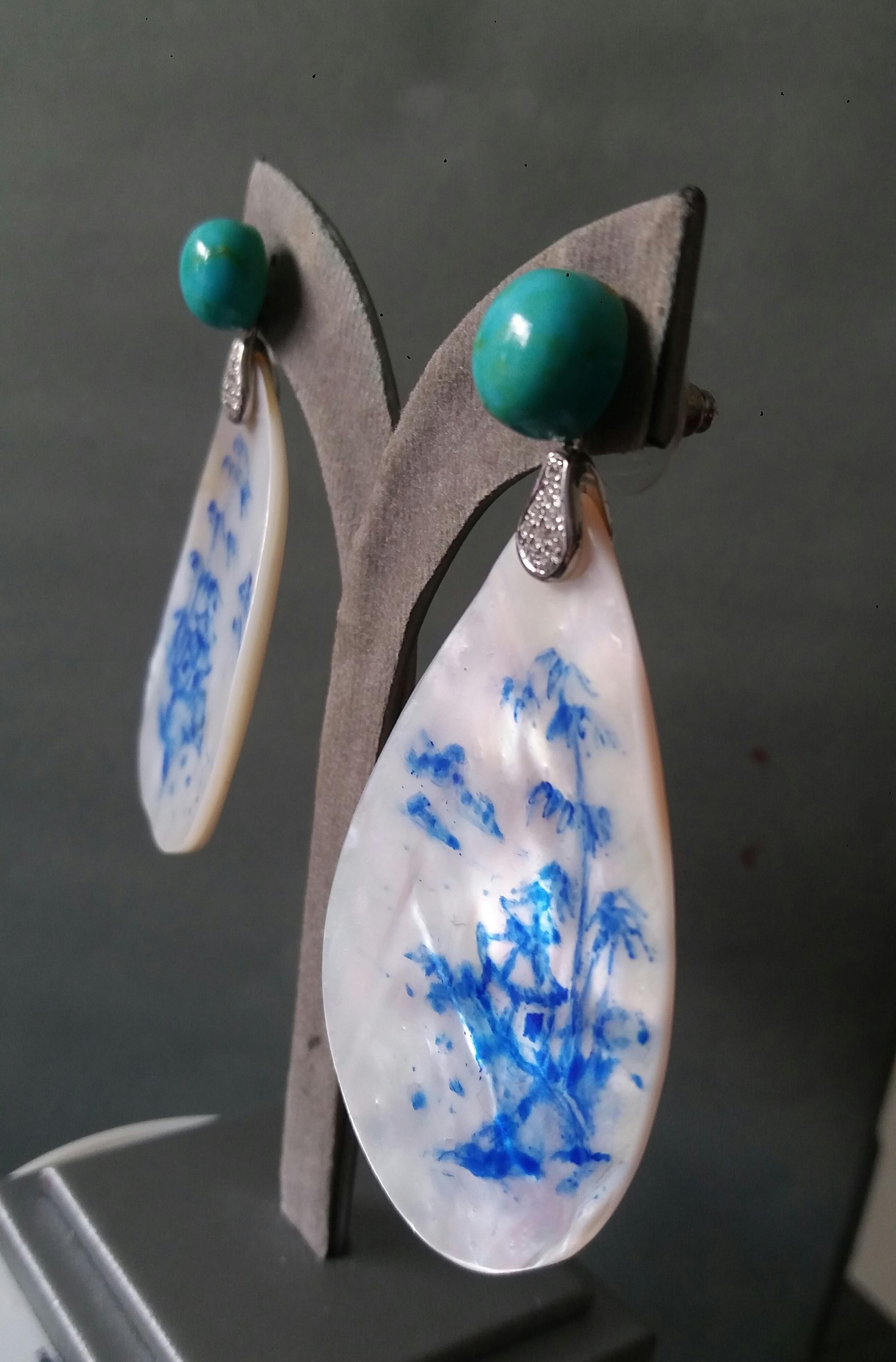 Vintage Hand Painted Mother of Pearl Gold Diamond Turquoise Dangle Earrings For Sale 5