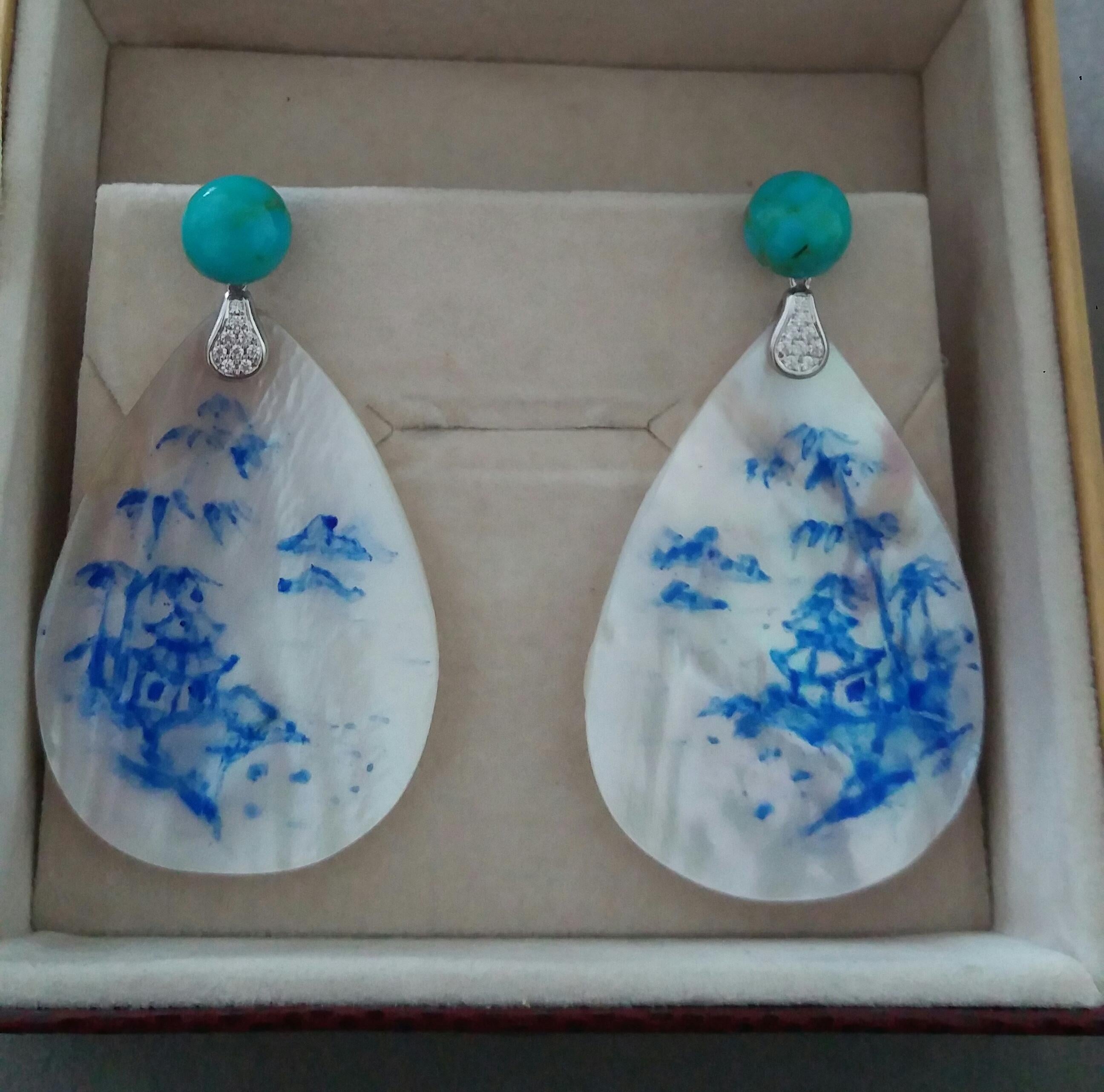 Mixed Cut Vintage Hand Painted Mother of Pearl Gold Diamond Turquoise Dangle Earrings For Sale