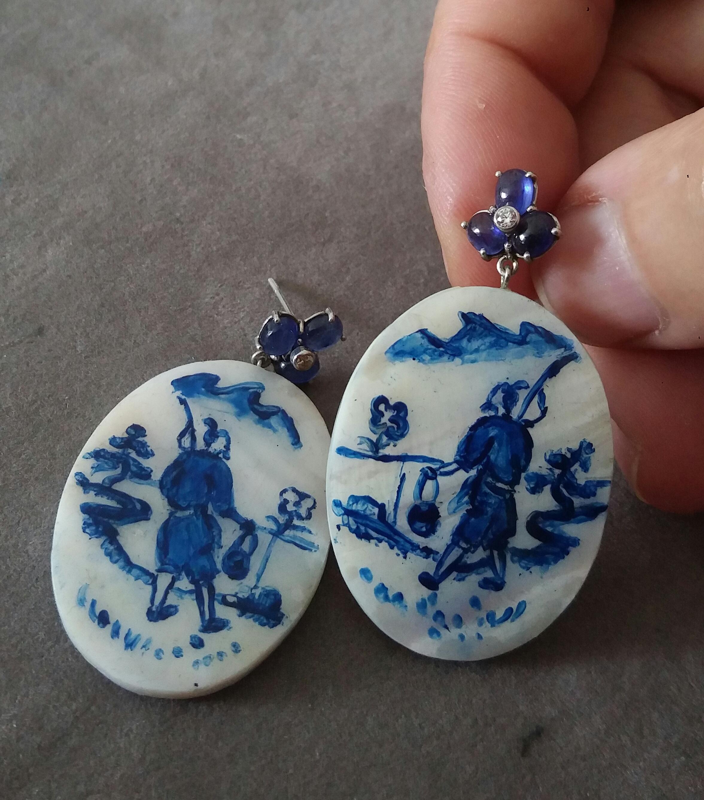 Vintage Hand Painted Mother of Pearl Gold Diamonds Sapphires Dangle Earrings In Good Condition For Sale In Bangkok, TH