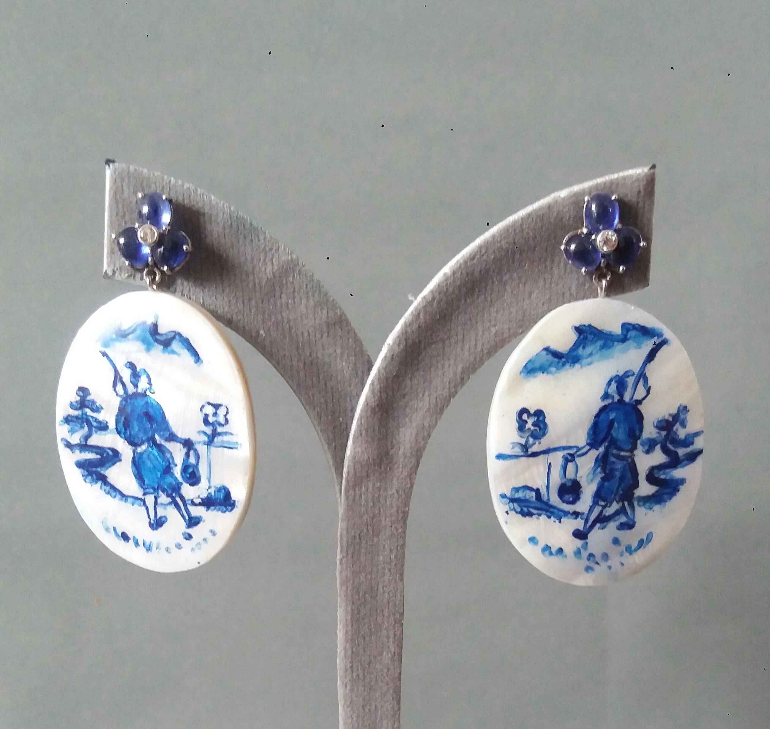 Vintage Hand Painted Mother of Pearl Gold Diamonds Sapphires Dangle Earrings For Sale 2
