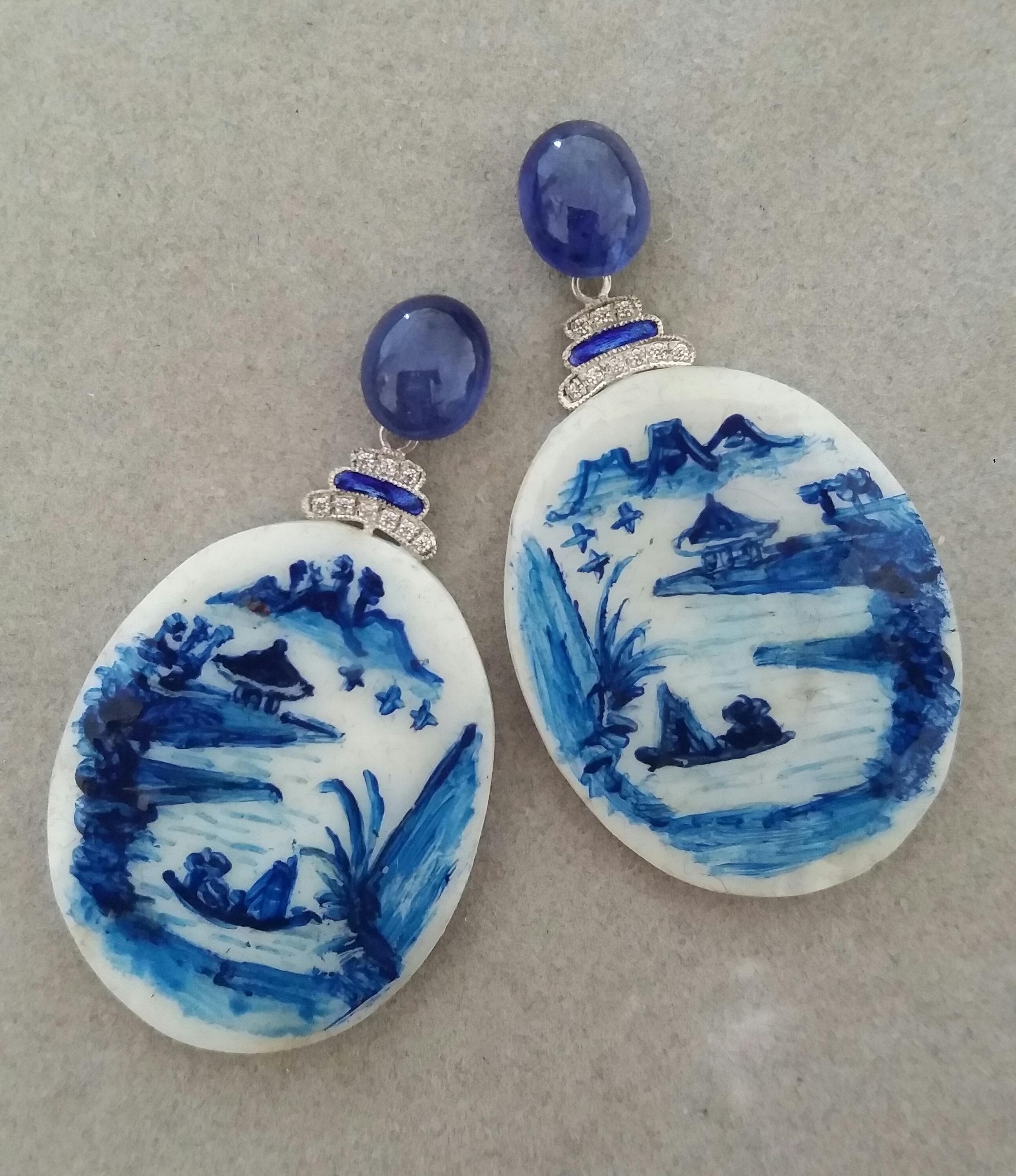 Pendientes vintage pintados a mano de madreperla oro diamantes zafiros esmalte Art Decó en venta