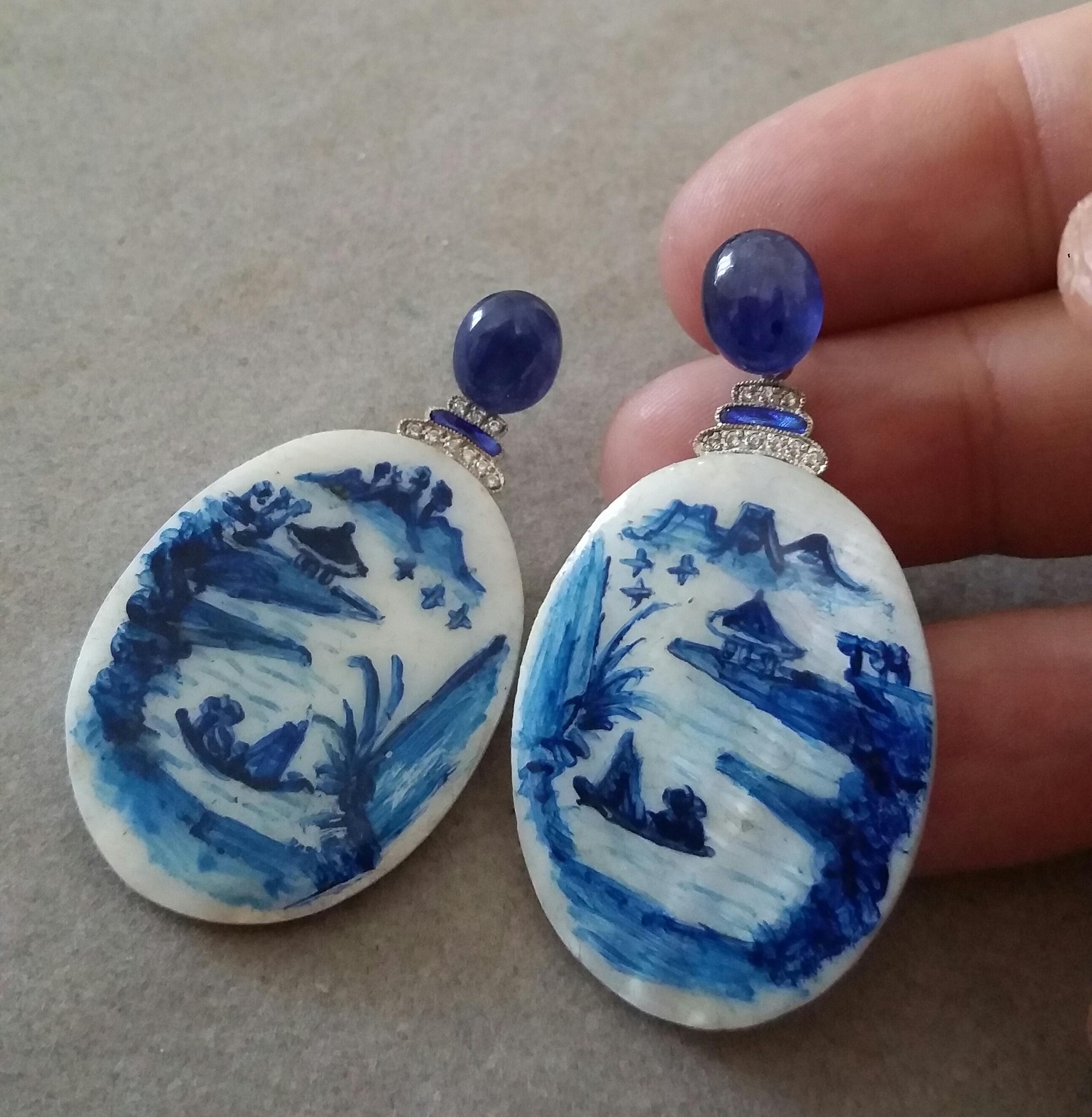 Mixed Cut Vintage Hand Painted Mother of Pearl Gold Diamonds Sapphires Enamel Earrings For Sale