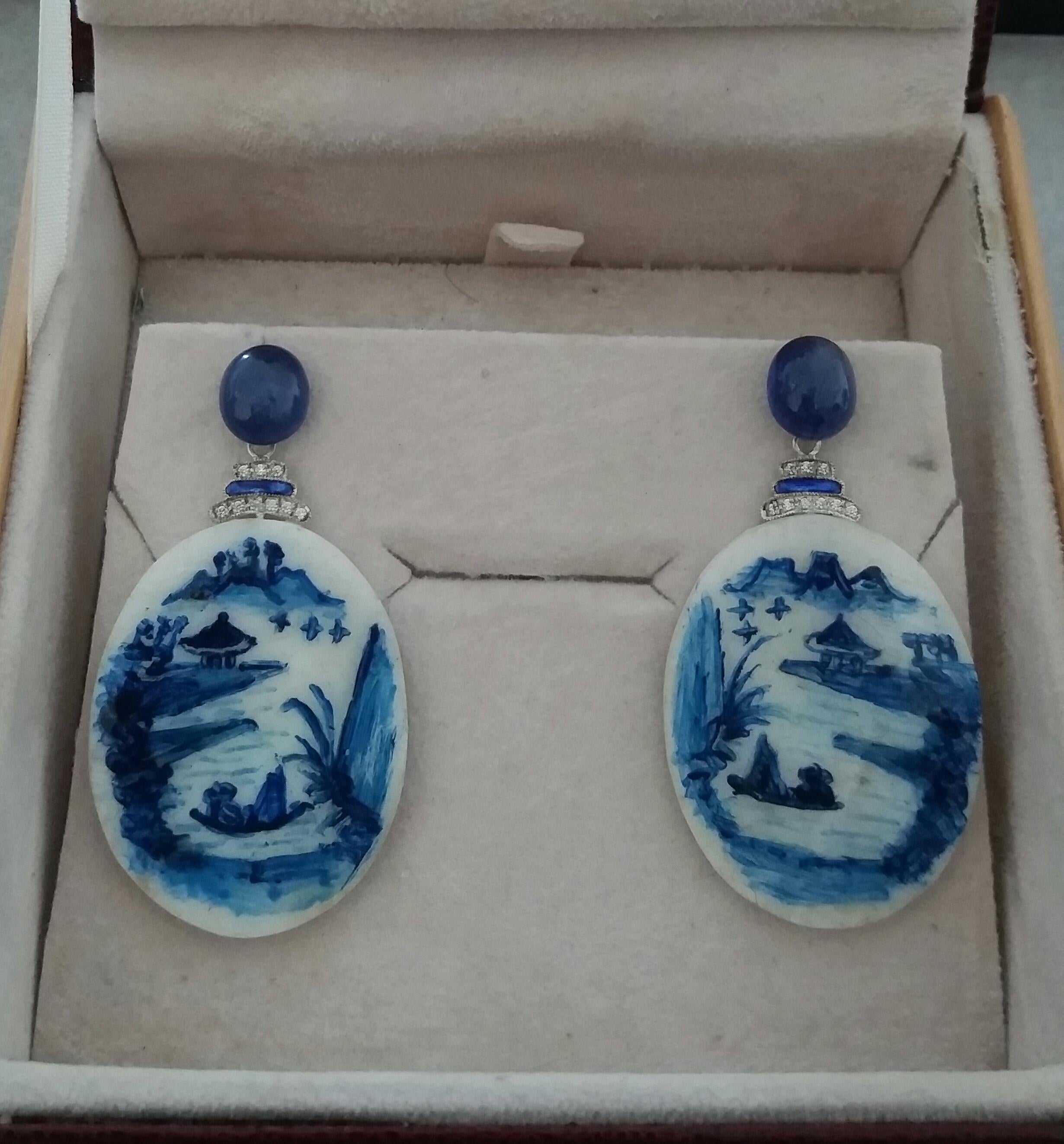 Vintage Hand Painted Mother of Pearl Gold Diamonds Sapphires Enamel Earrings In Good Condition For Sale In Bangkok, TH