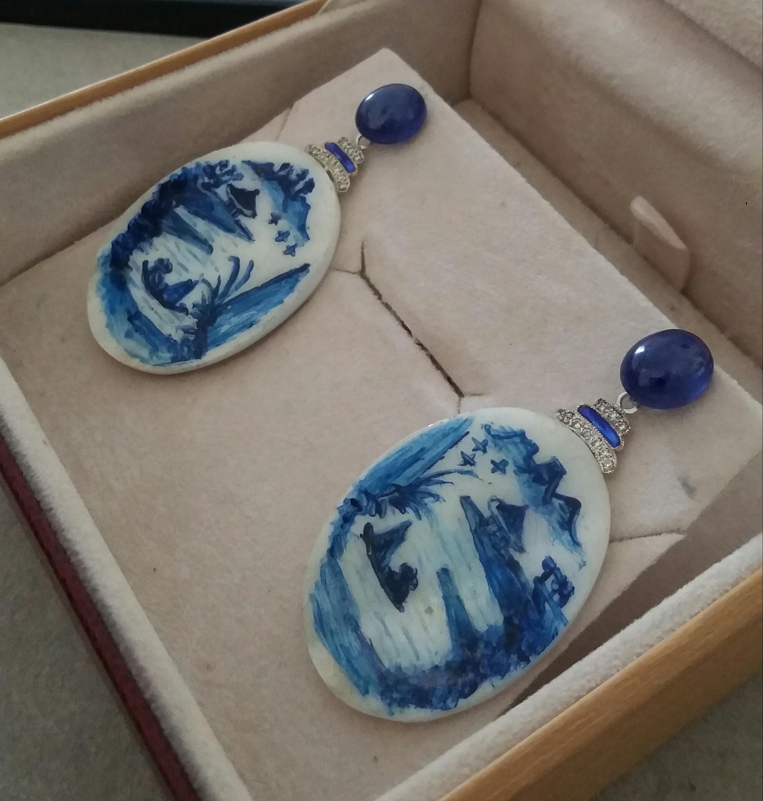 Women's Vintage Hand Painted Mother of Pearl Gold Diamonds Sapphires Enamel Earrings For Sale