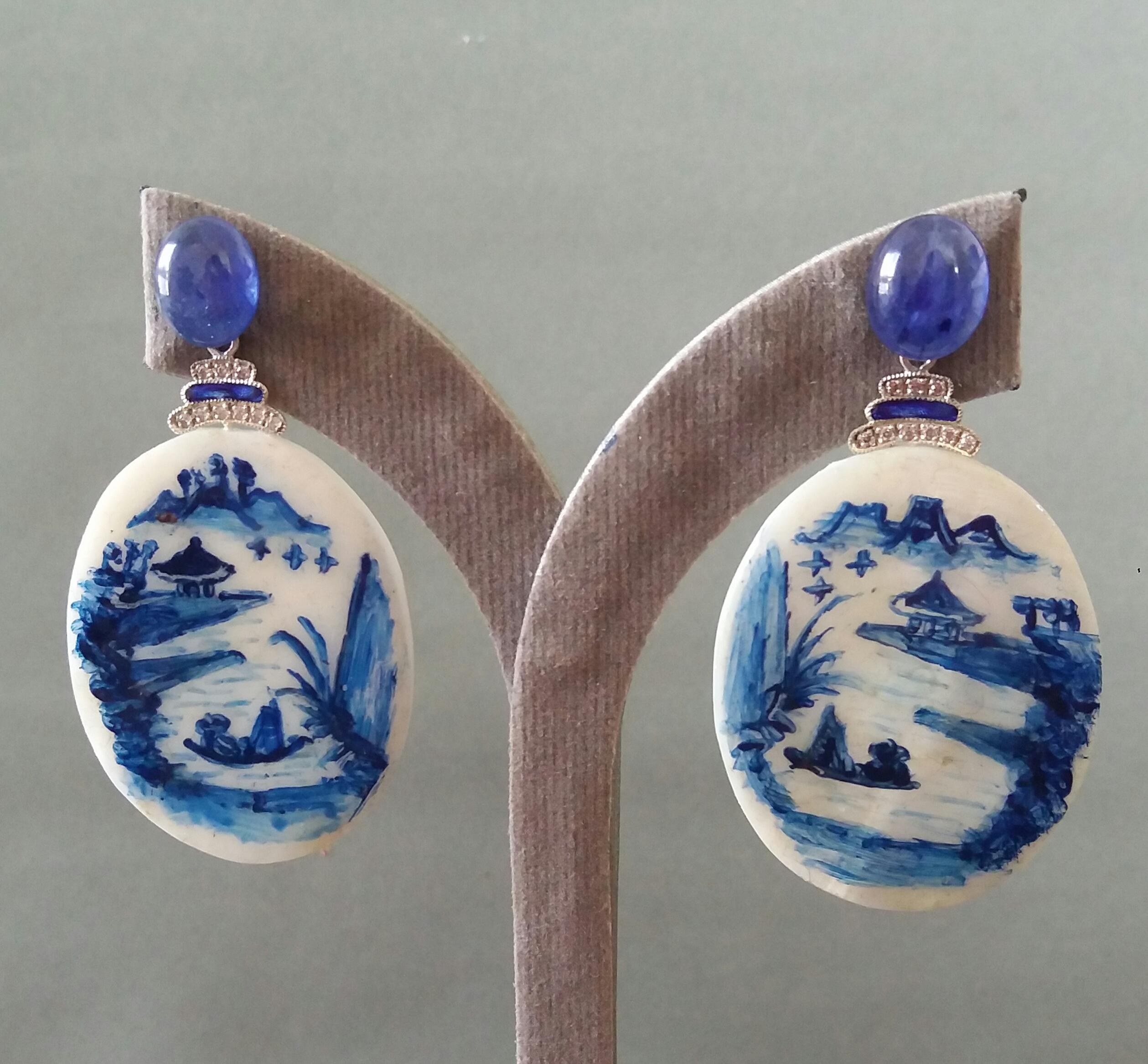 Vintage Hand Painted Mother of Pearl Gold Diamonds Sapphires Enamel Earrings For Sale 1