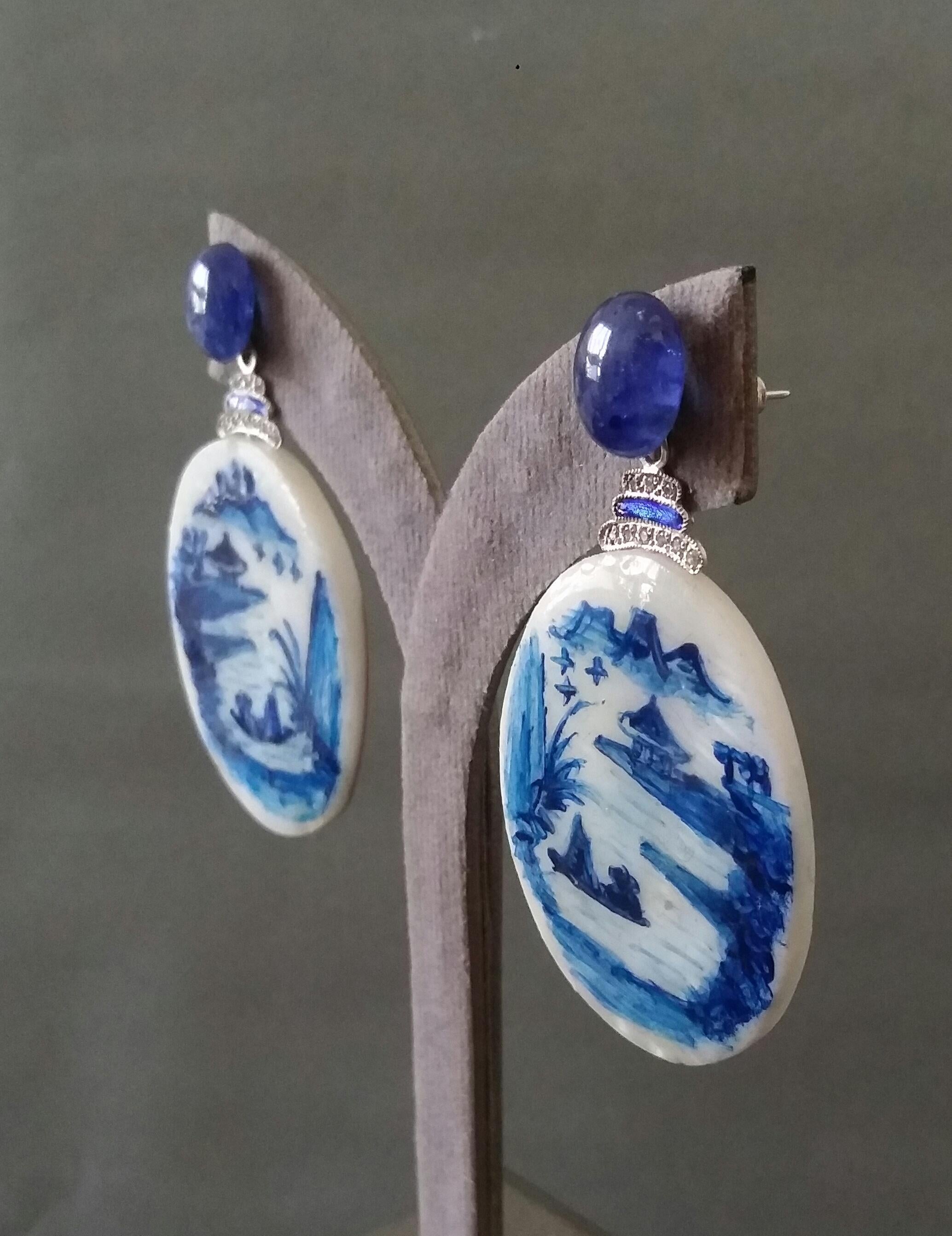 Vintage Hand Painted Mother of Pearl Gold Diamonds Sapphires Enamel Earrings For Sale 2