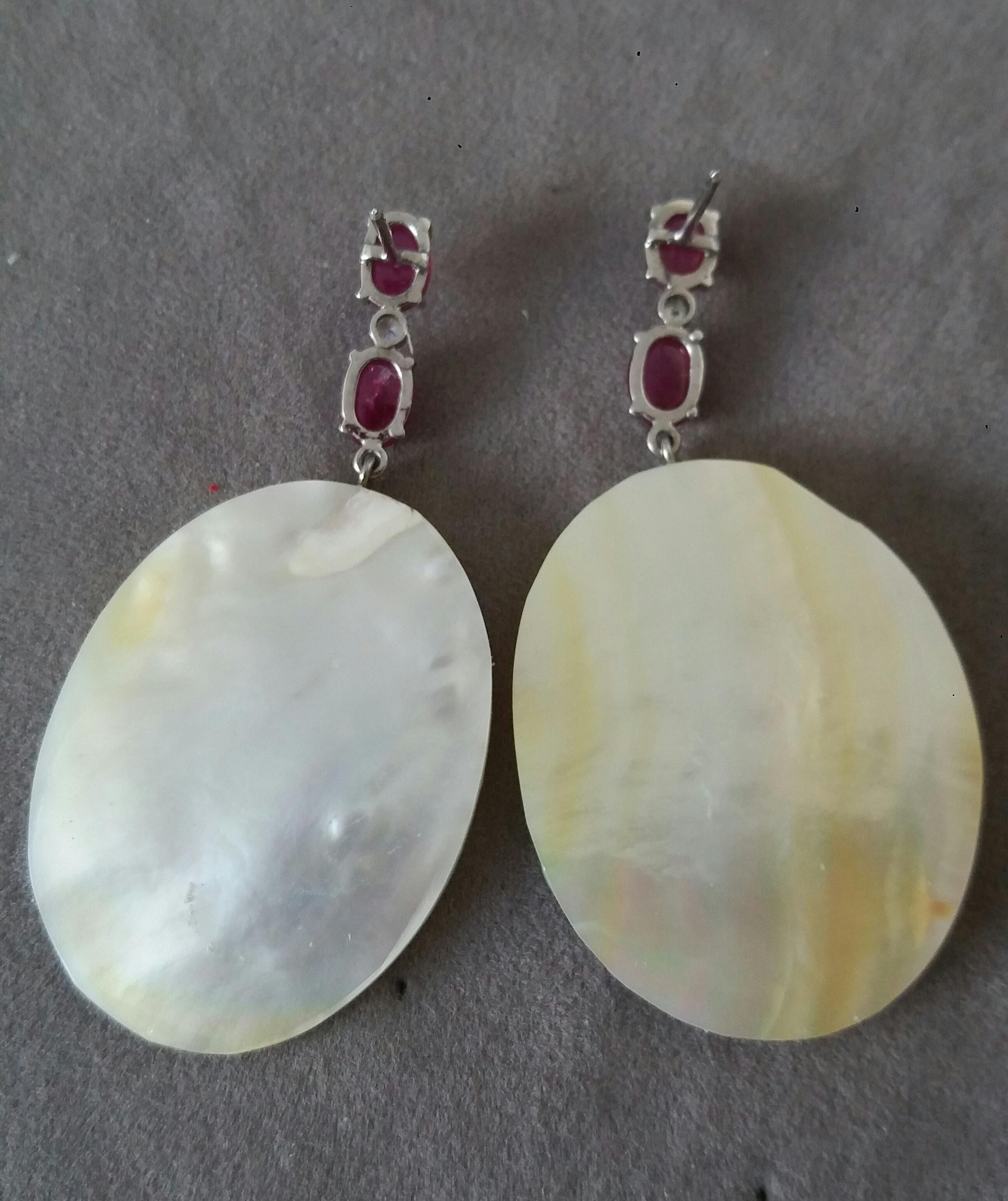 Vintage Hand Painted MotherofPearl 14k White Gold Diamonds Ruby Dangle Earrings For Sale 8