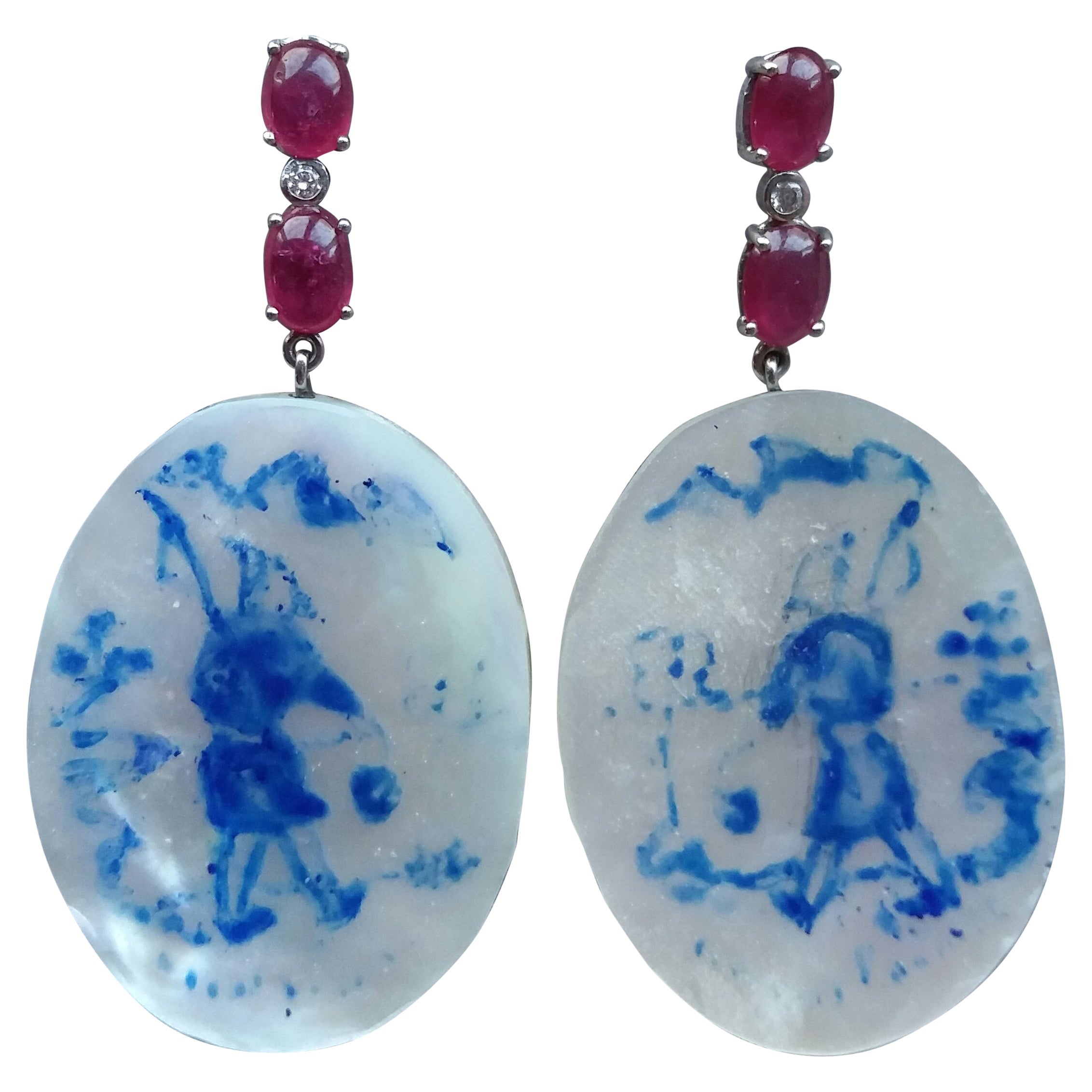 Pendientes colgantes vintage pintados a mano de oro blanco de 14k con diamantes y rubíes