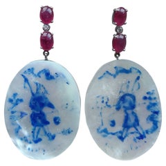 Vintage Hand Painted MotherofPearl 14k White Gold Diamonds Ruby Dangle Earrings
