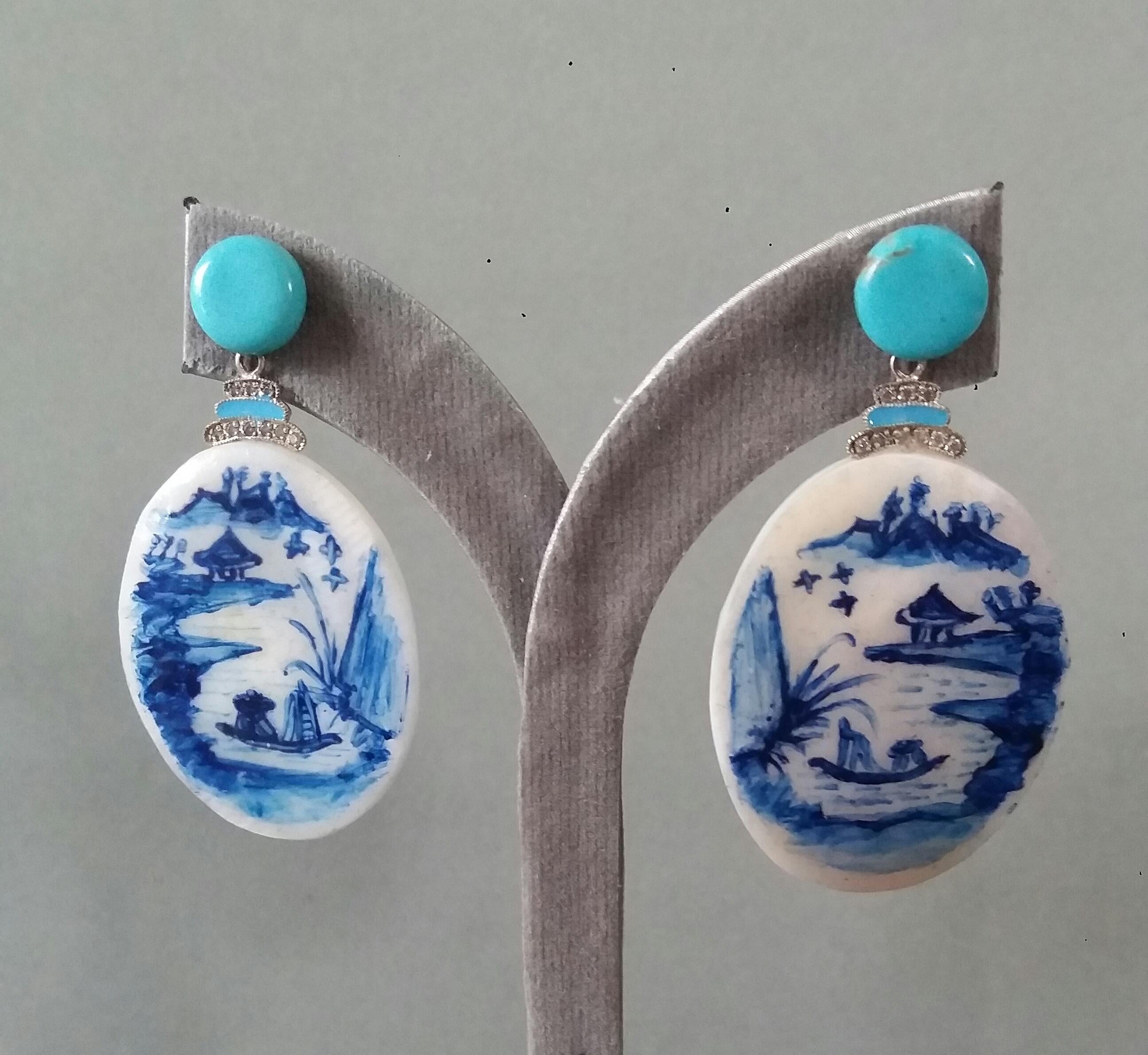 Vintage Hand Painted Motherofpearl Gold Diamond Turquoise Enamel Dangle Earrings For Sale 4