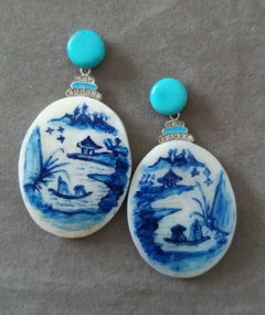 Pendientes colgantes vintage pintados a mano con esmalte de oro, diamantes y turquesa