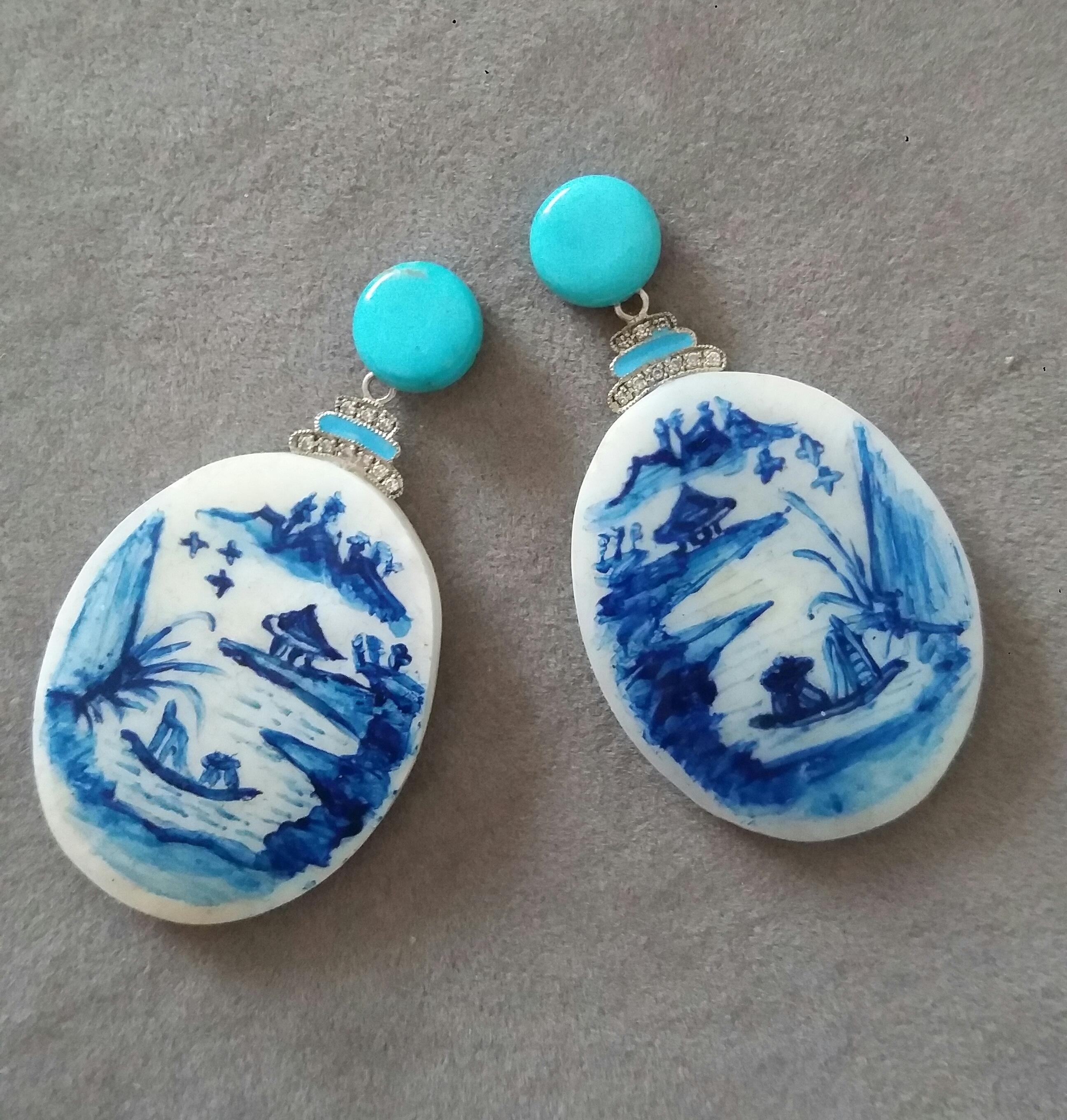 Art Deco Vintage Hand Painted Motherofpearl Gold Diamond Turquoise Enamel Dangle Earrings For Sale