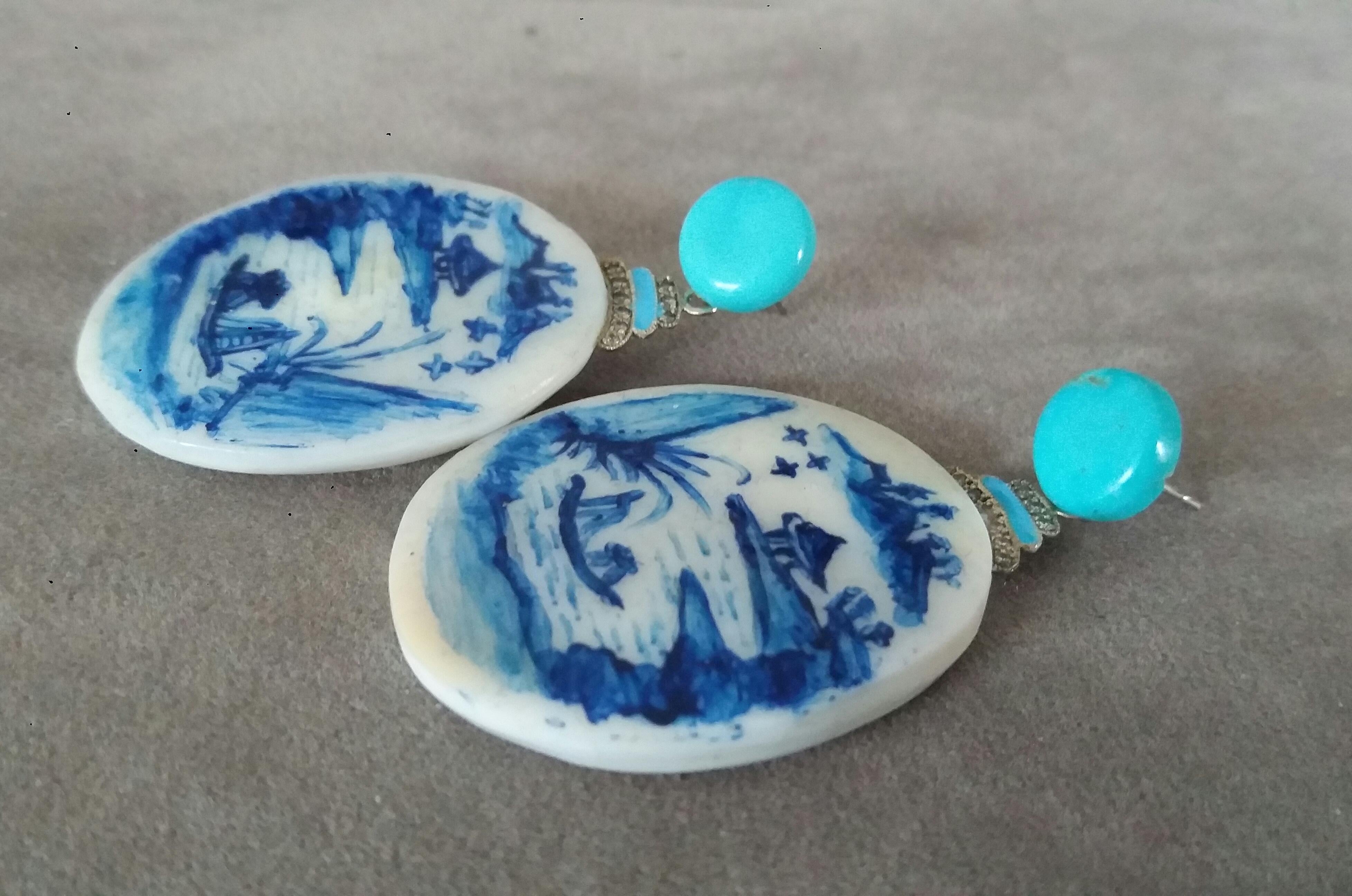 Oval Cut Vintage Hand Painted Motherofpearl Gold Diamond Turquoise Enamel Dangle Earrings For Sale