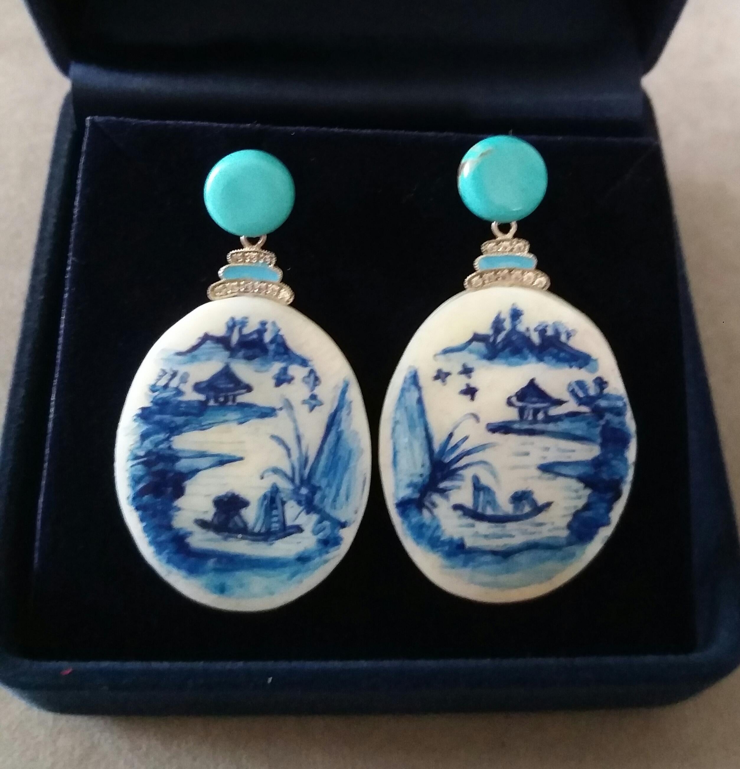 Women's Vintage Hand Painted Motherofpearl Gold Diamond Turquoise Enamel Dangle Earrings For Sale