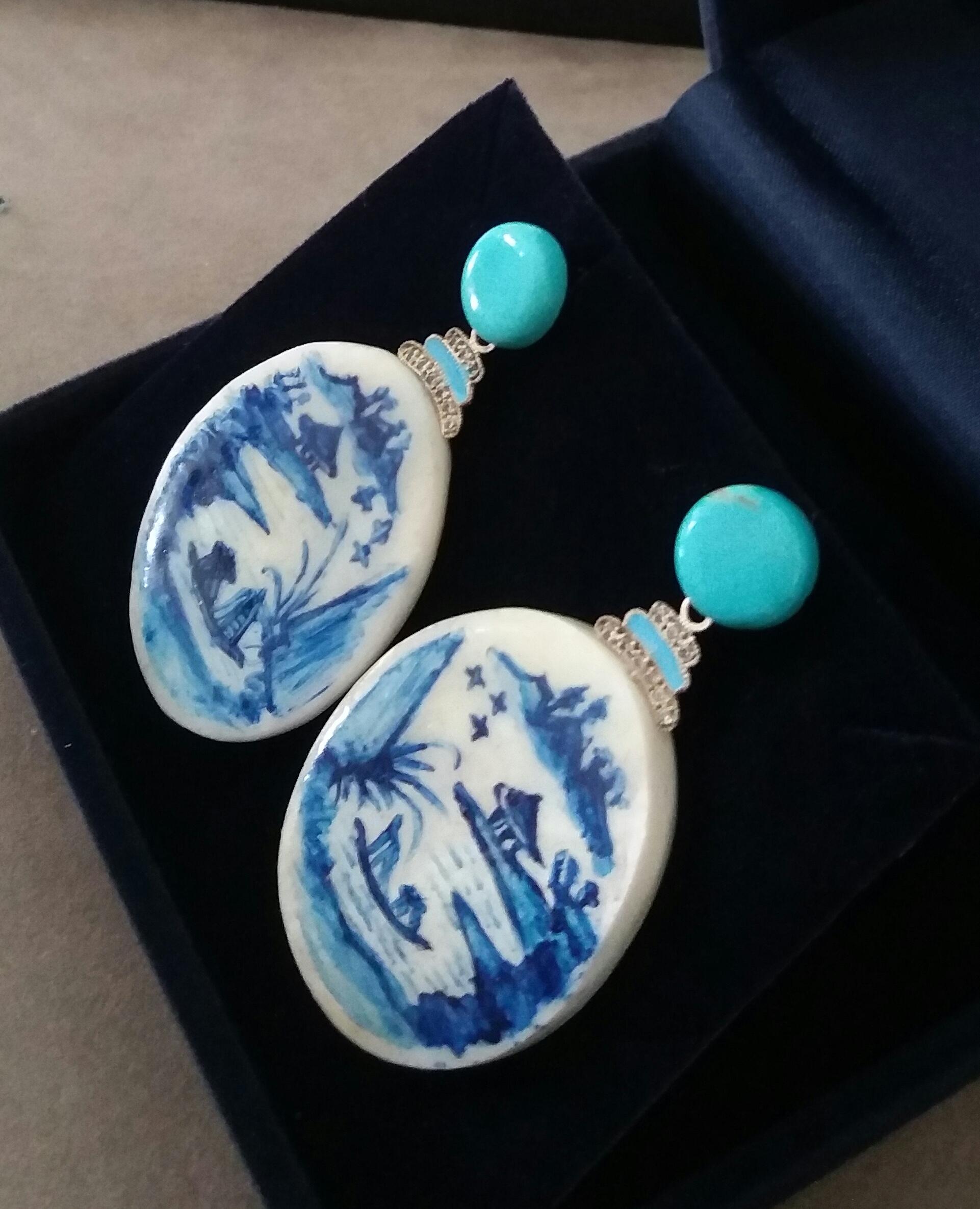 Vintage Hand Painted Motherofpearl Gold Diamond Turquoise Enamel Dangle Earrings For Sale 1