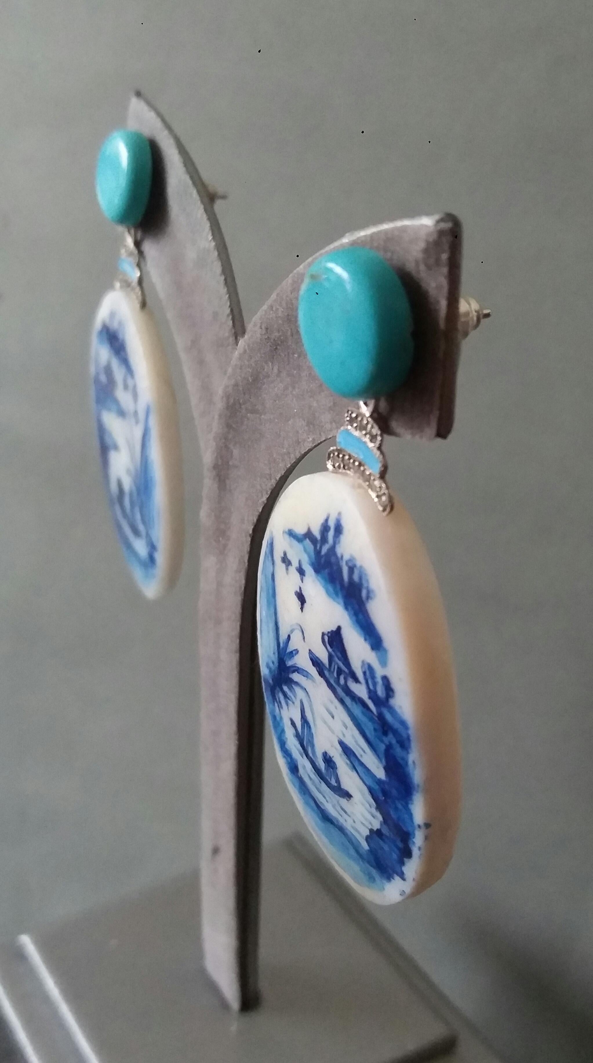 Vintage Hand Painted Motherofpearl Gold Diamond Turquoise Enamel Dangle Earrings For Sale 2